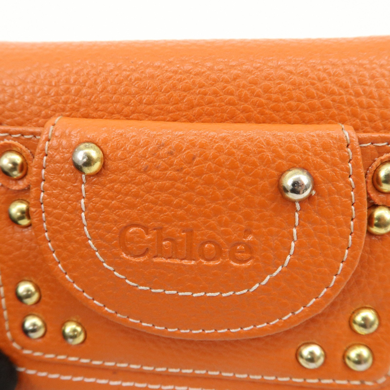 Chloe Leather Tri-fold Compact Wallet Studs Orange