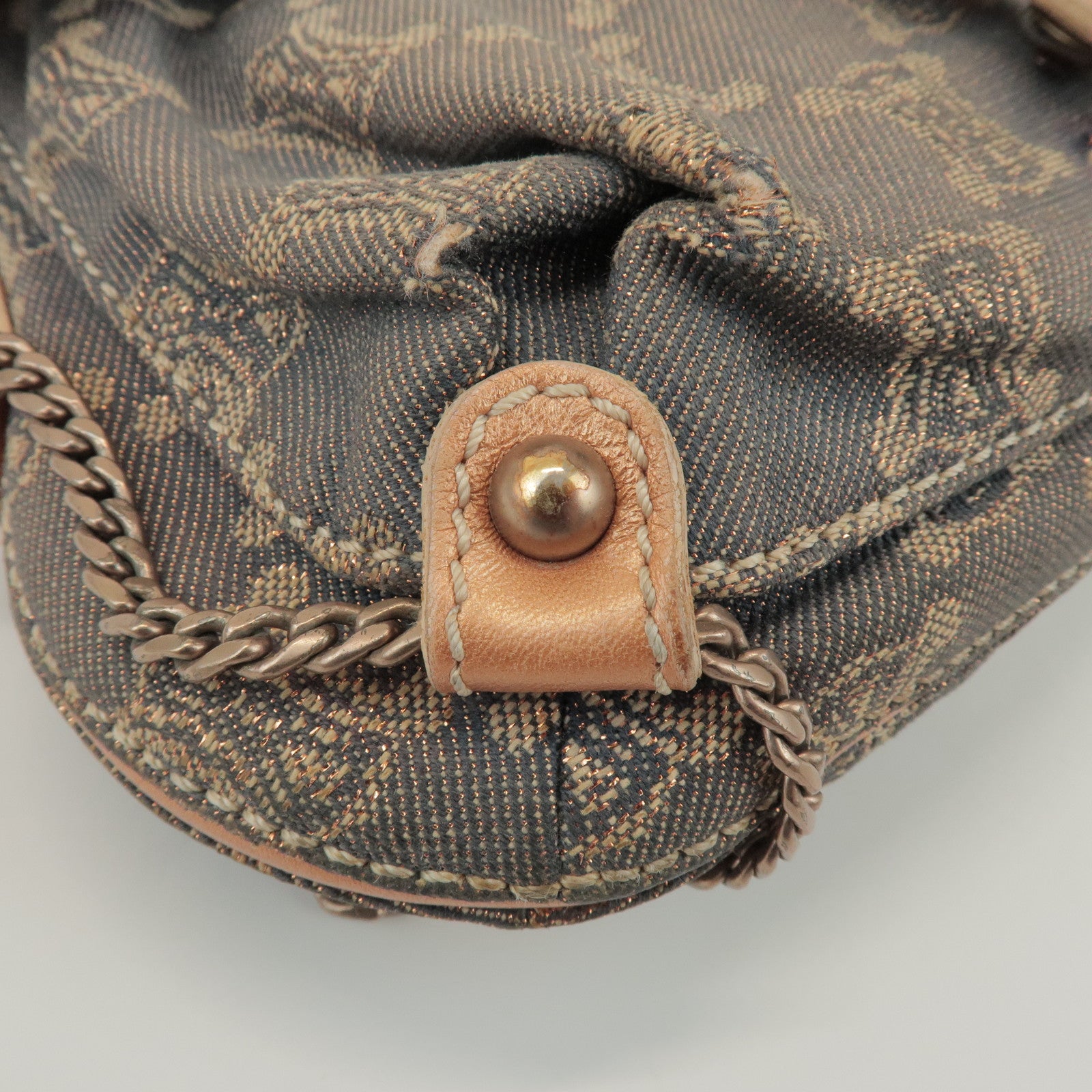 CELINE Macadam Denim Leather Shoulder Bag Metallic Pink Beige