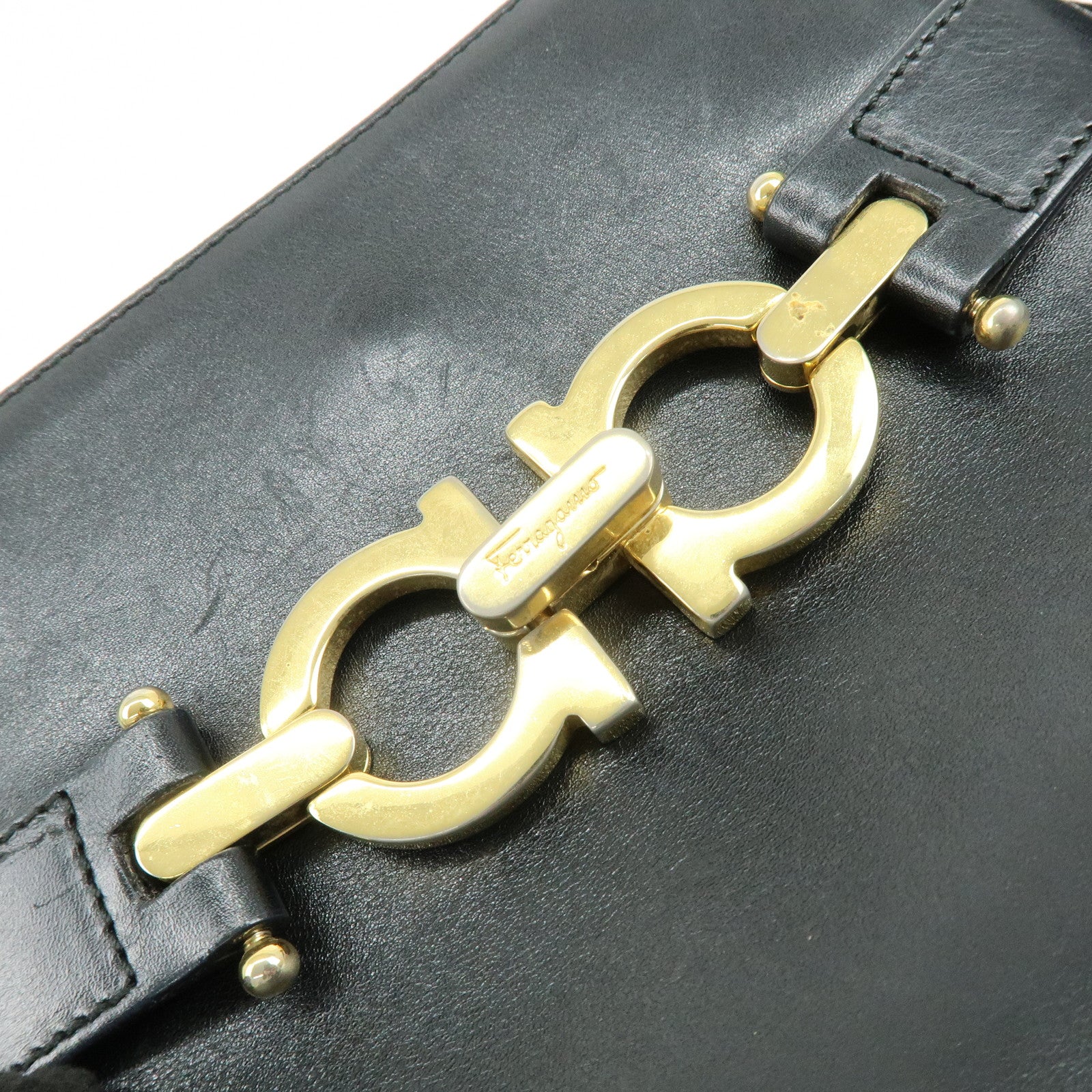 Ferragamo Gancini Leather Shoulder Bag Hand Bag Black