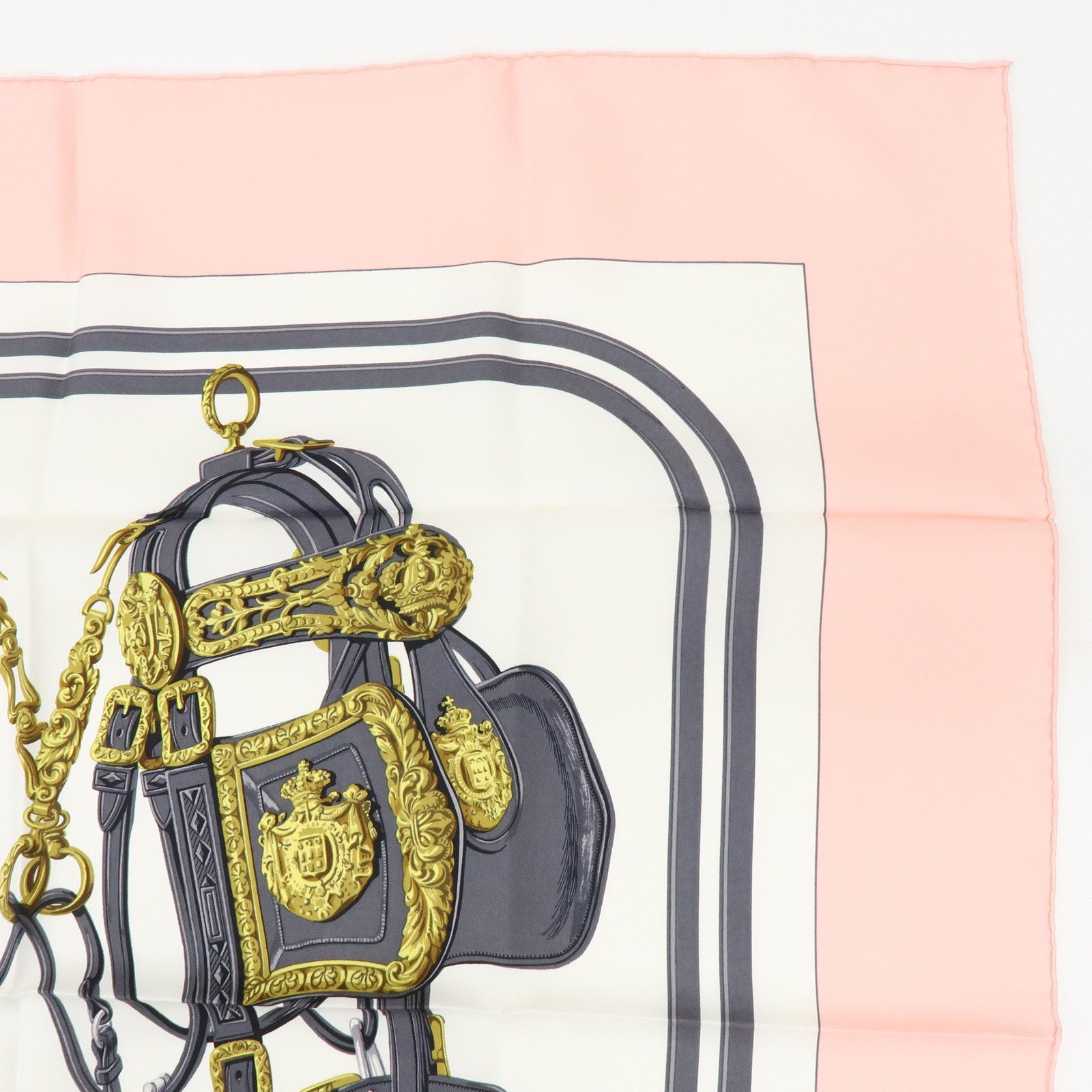HERMES Carre 90 Silk 100% Scarf BRIDES DE GALA Light Pink Gray Gold