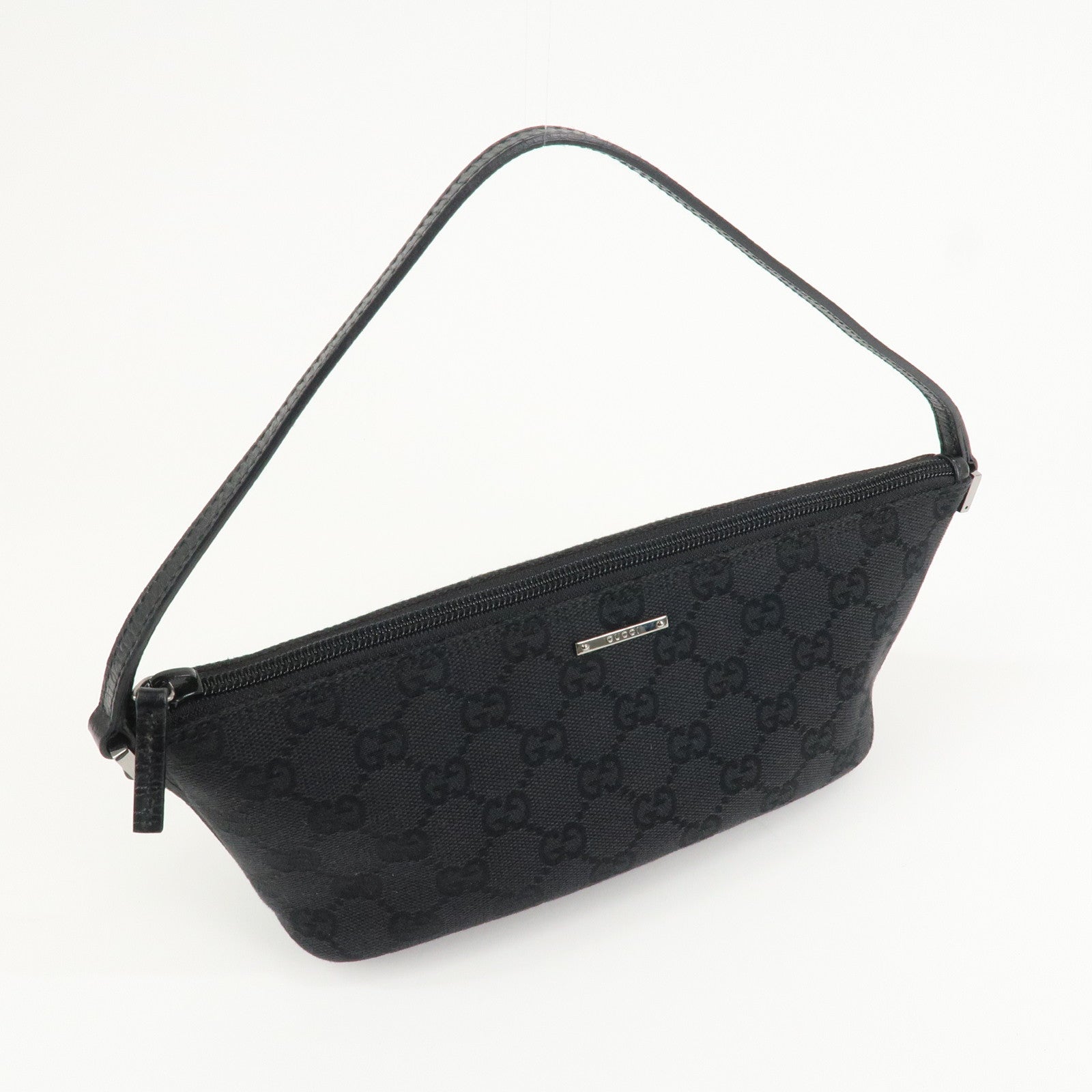 GUCCI Boat Bag GG Canvas Leather Hand Bag Black 07198