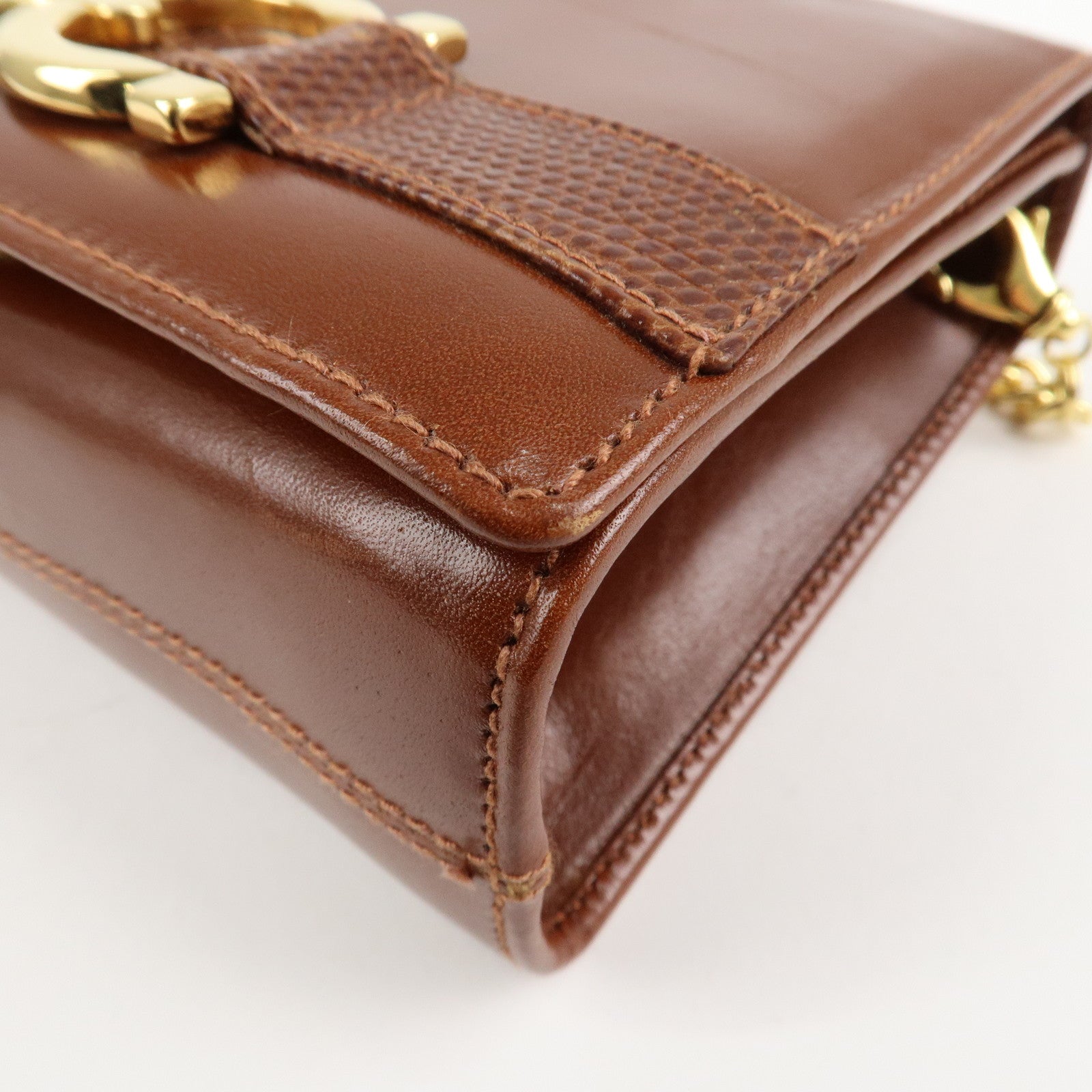 Ferragamo Gancini Leather Chain Shoulder Bag Brown Gold HDW Used