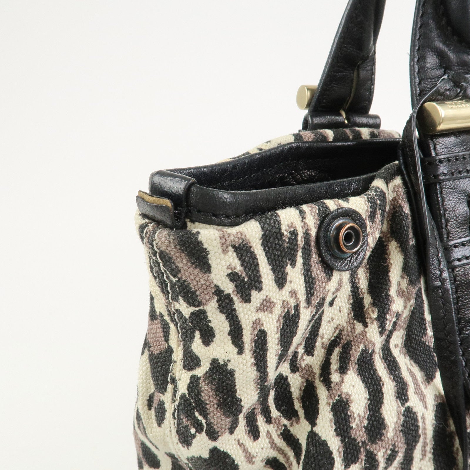 JIMMY CHOO Leopard Canvas Leather Tote Bag Shoulder Bag Ivory Black
