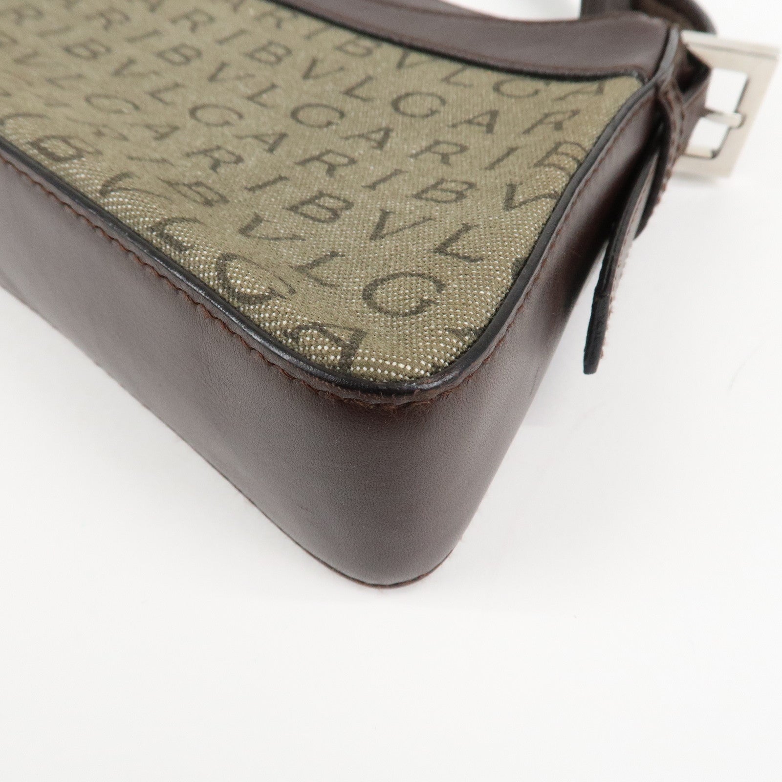 BVLGARI Logo Mania Canvas Leather Shoulder Bag khaki Dark Brown Used