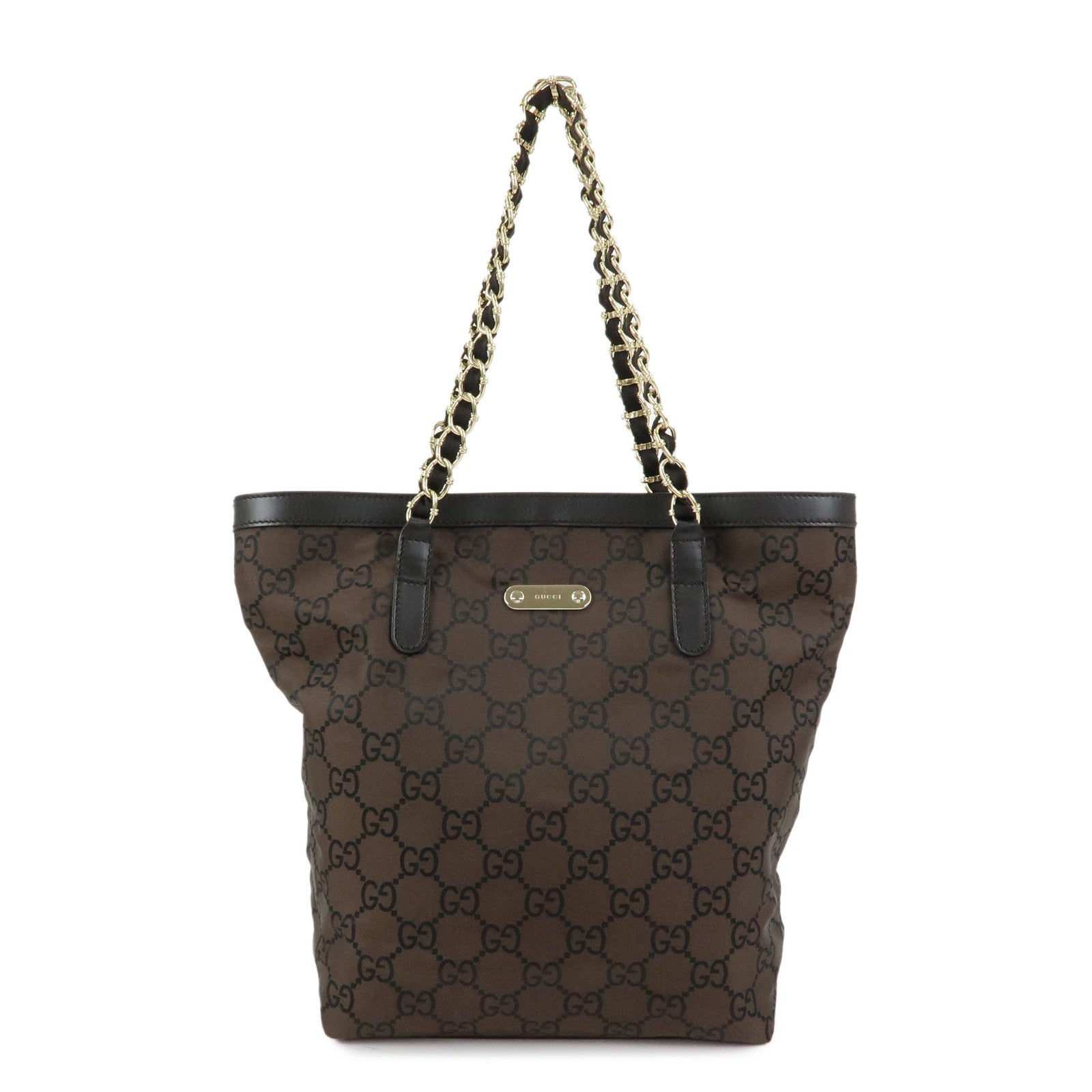 GUCCI GG Nylon Leather Chain Tote Bag Shoulder Bag Brown 196750