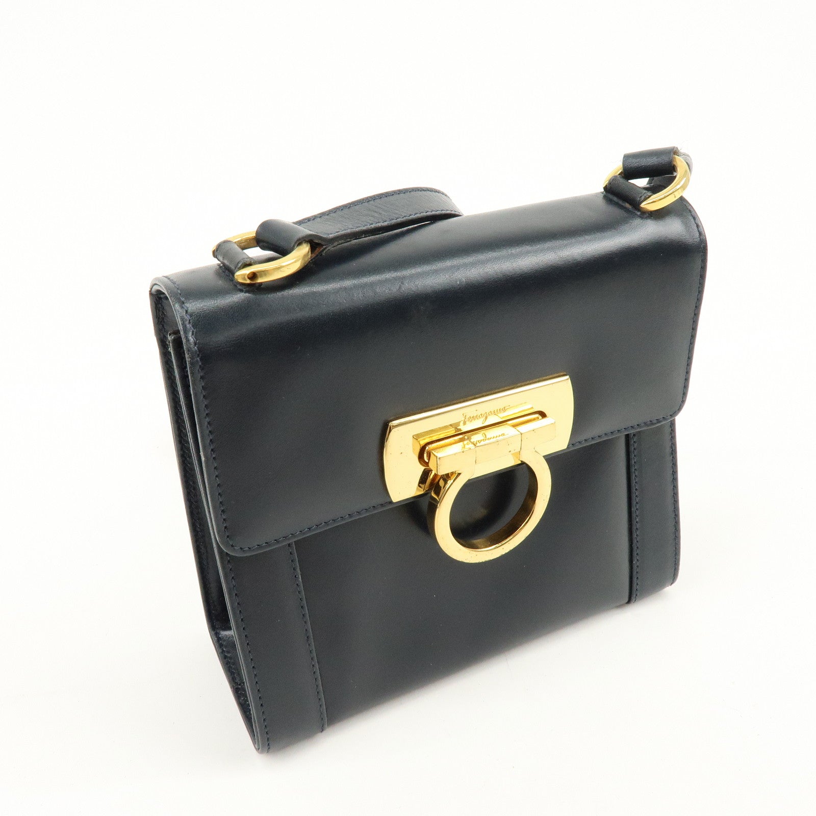 Ferragamo Gancini Leather Shoulder Bag Crossbody Bag Navy