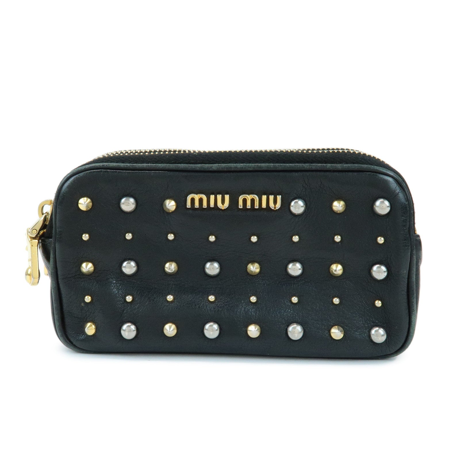 MIU MIU Lamb Skin Studs Cosmetic Pouch Accessoires Pouch Black