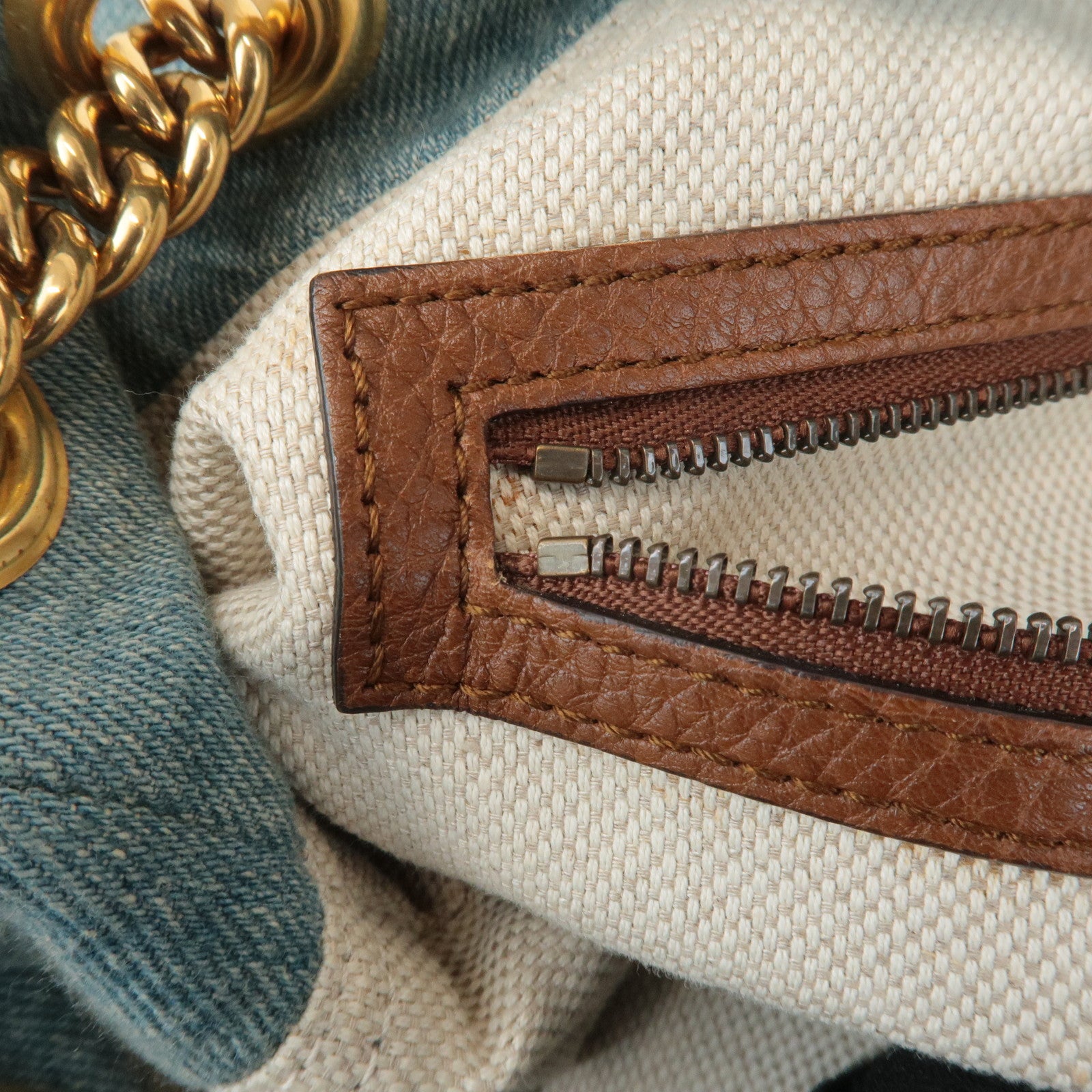 GUCCI SOHO Denim Leather Chain Shoulder Bag Fringe Charm Blue 308982 Used