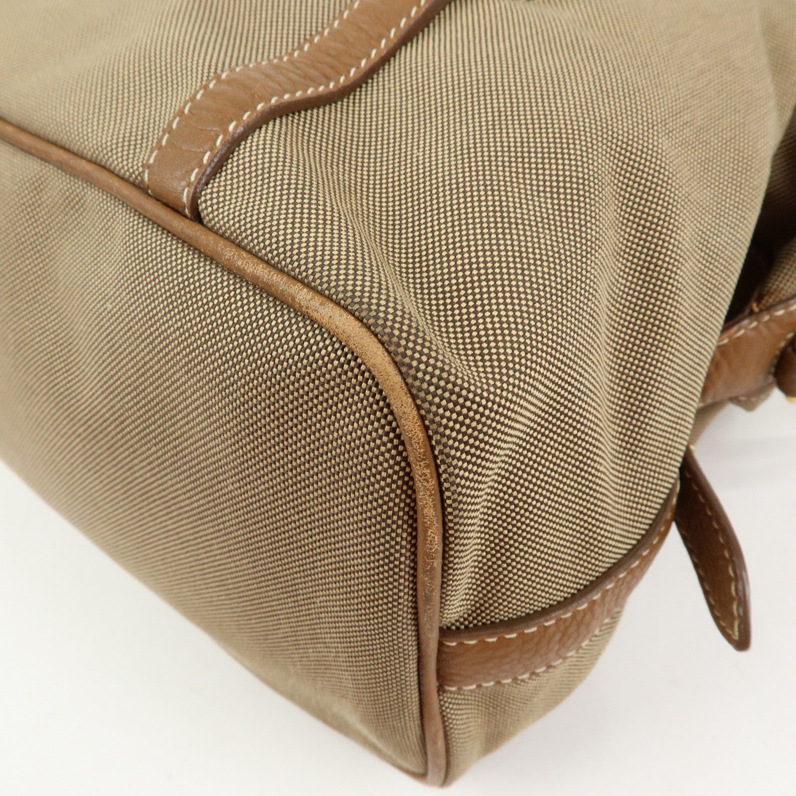 PRADA Logo Canvas Leather Boston Bag Hand Bag Beige Brown BL0600