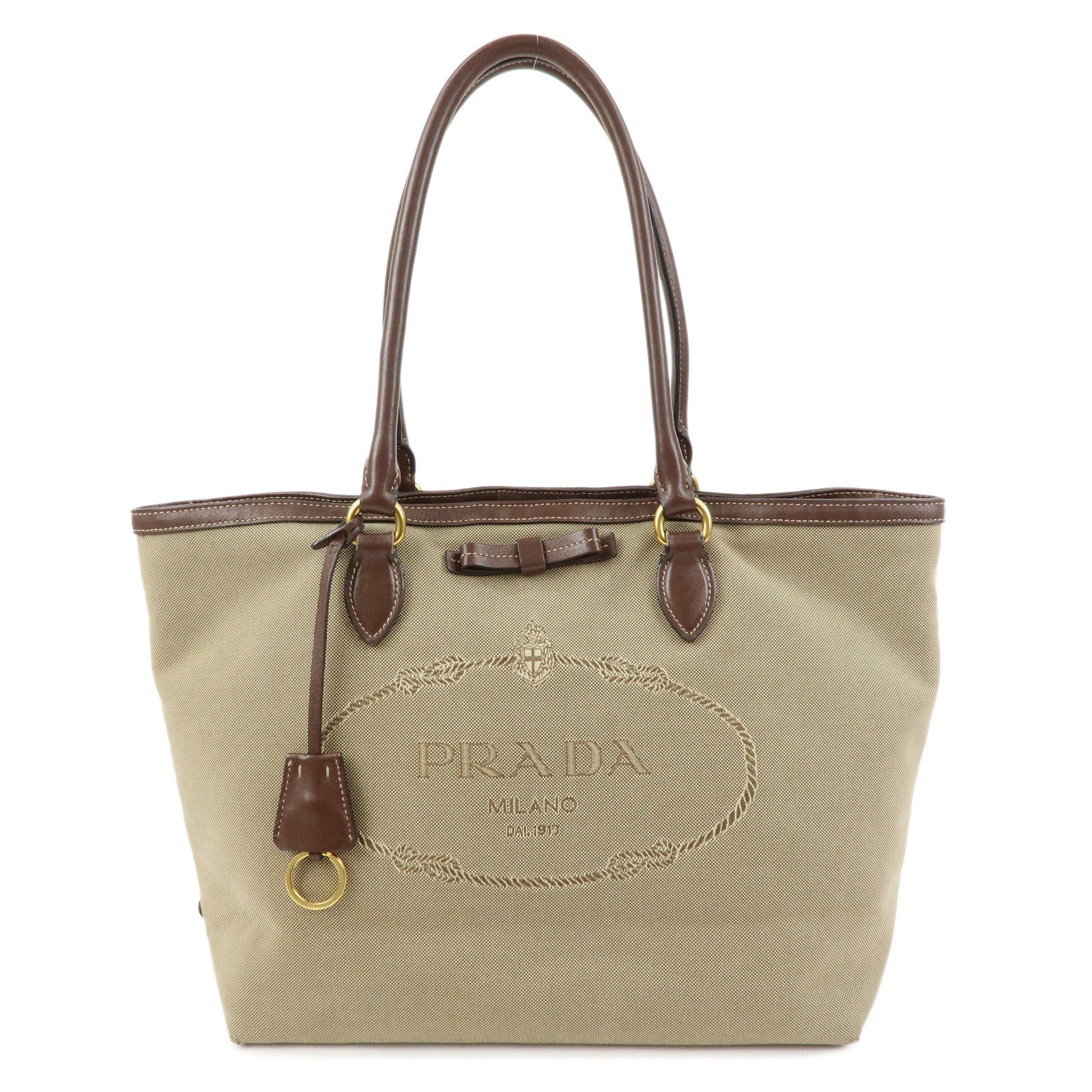 PRADA Triangle Logo Jacquard Leather Tote Bag Beige Brown 1BG158