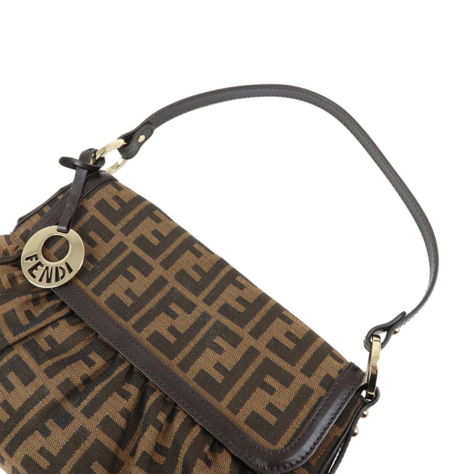 FENDI Zucca Canvas Leather Shoulder Bag Hand Bag Brown Black 8BR445
