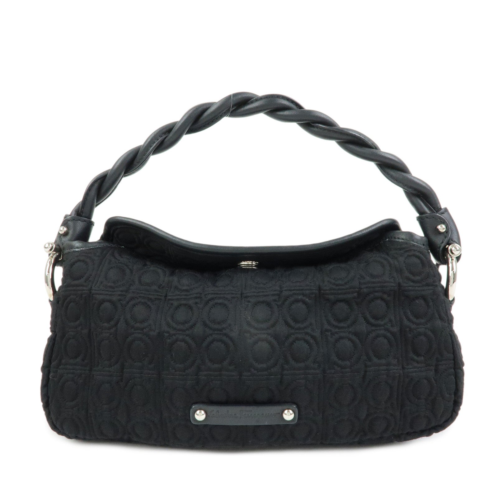 Ferragamo Gancini Canvas Leather Mini Hand Bag Black