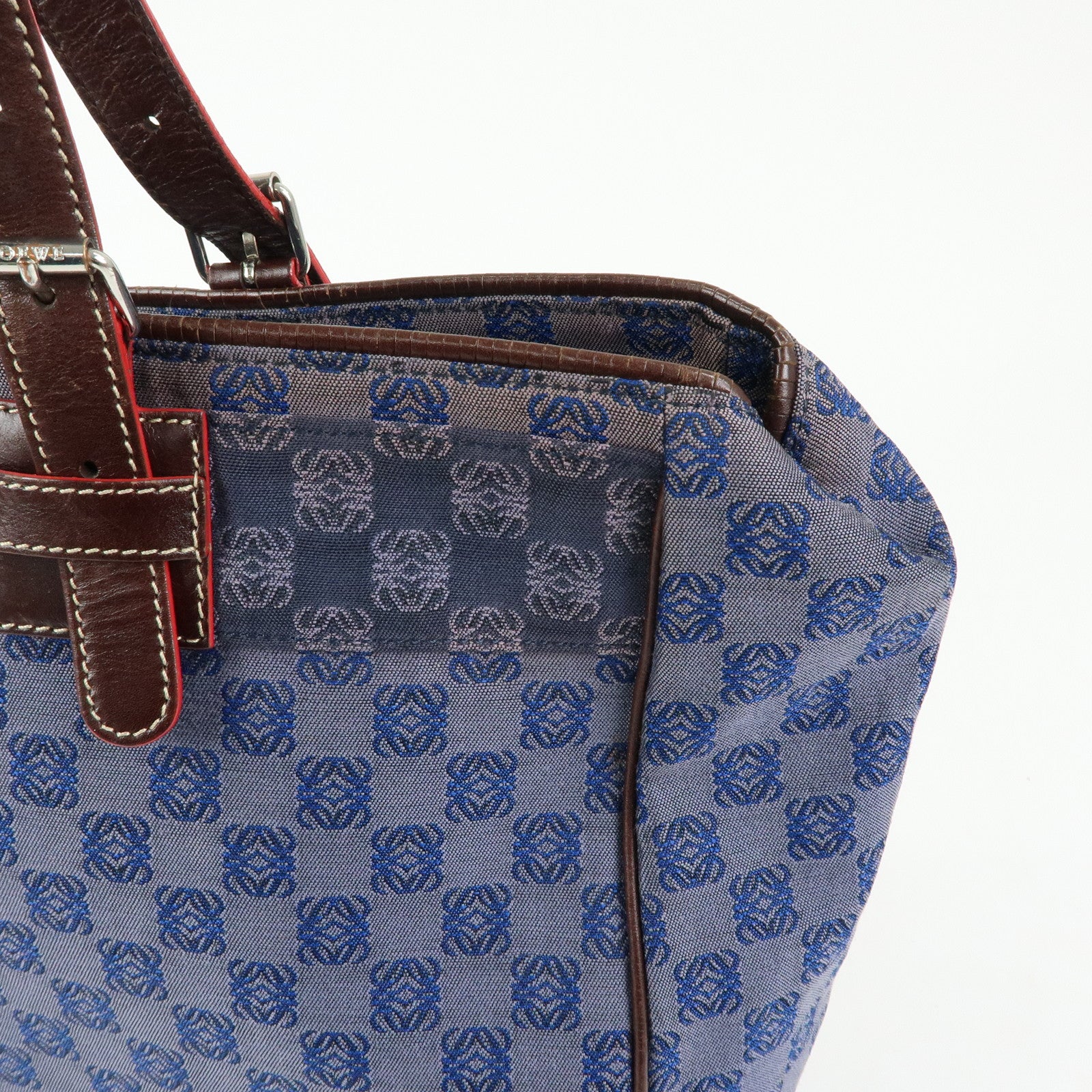 LOEWE Repeat Anagram Canvas Leather Tote Bag Hand Bag Blue Brown