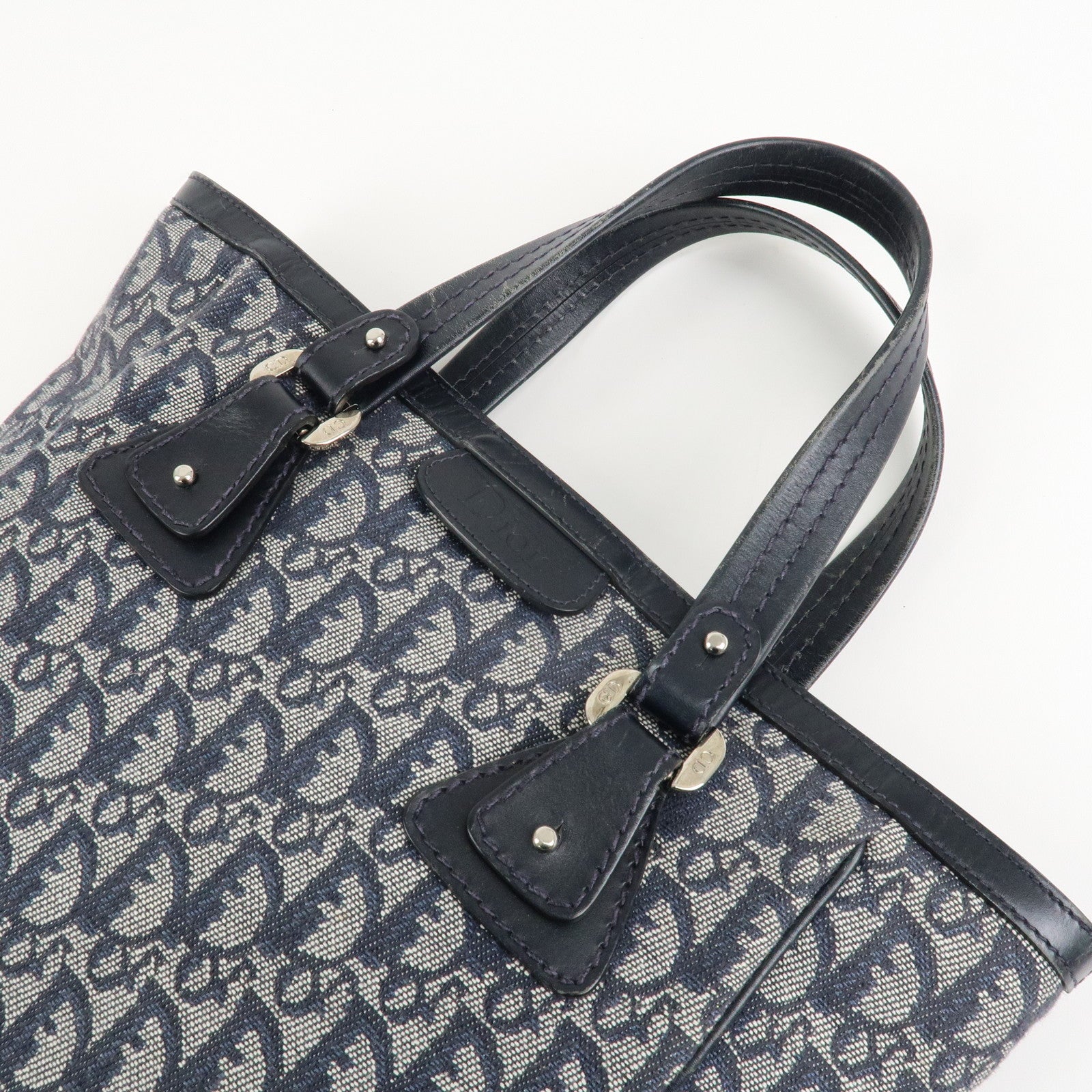 Christian Dior Trotter Leather Canvas Hand Bag Tote Bag Navy Used