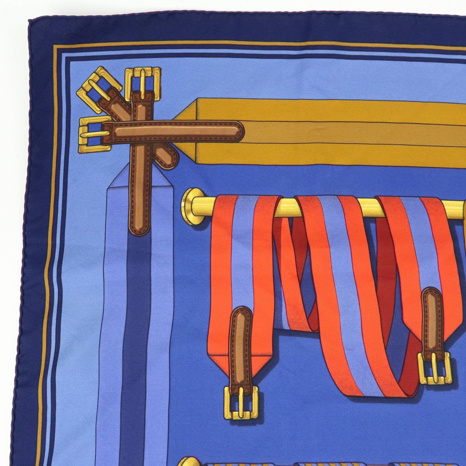 HERMES Carre 90 Silk 100% J.METZ Les Sangles Scarf Blue Green Red