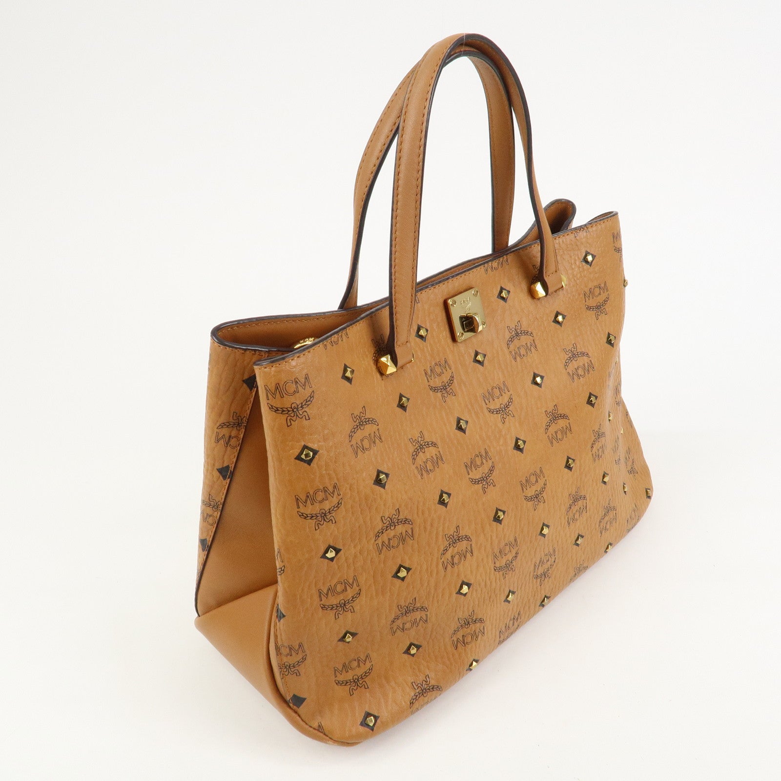 MCM Visetos PVC Leather 2Way Bag Hand Shoulder Bag Studs Cognac