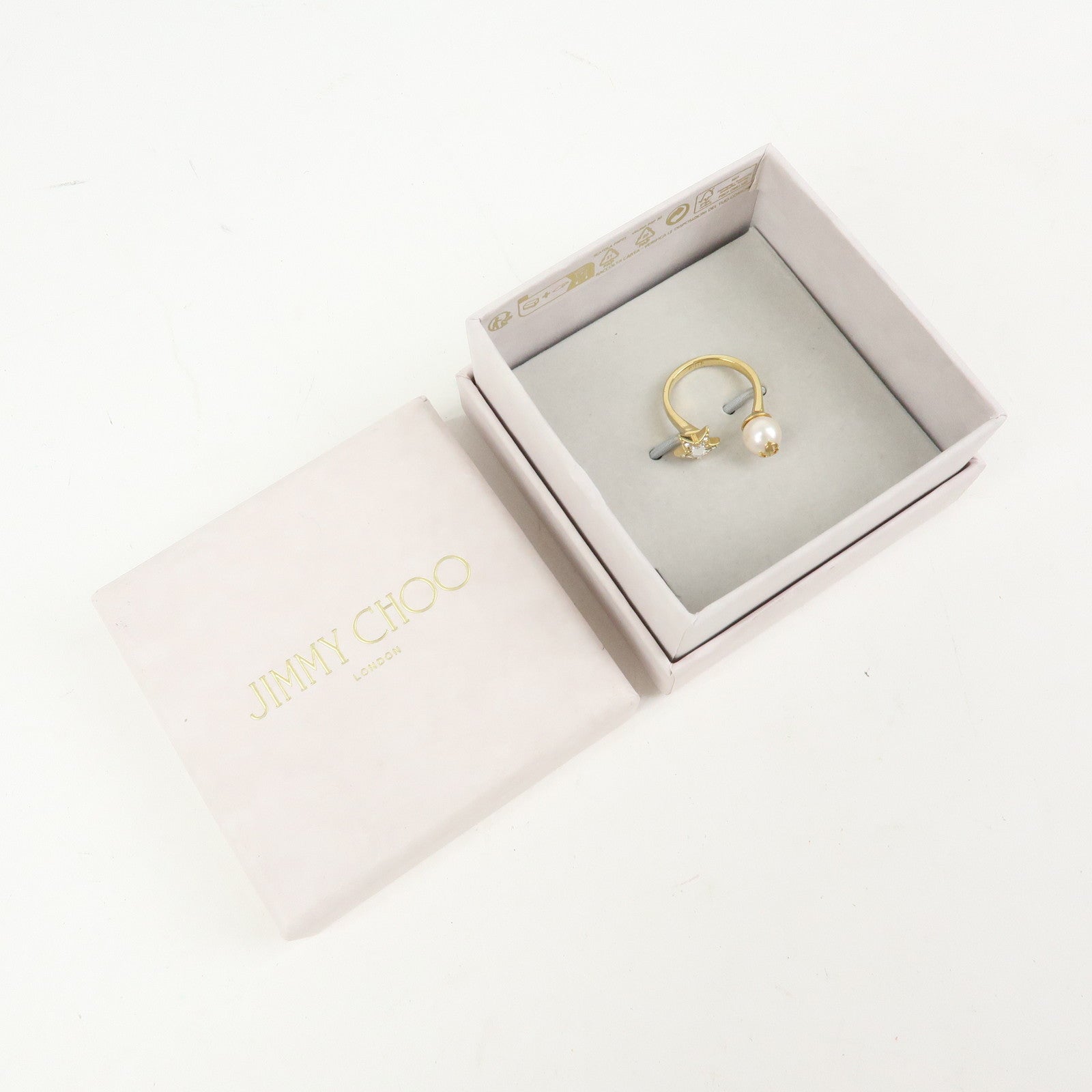 JIMMY CHOO Faux Pearl Crystal Metal Ring Gold Pearl White US8 EU56