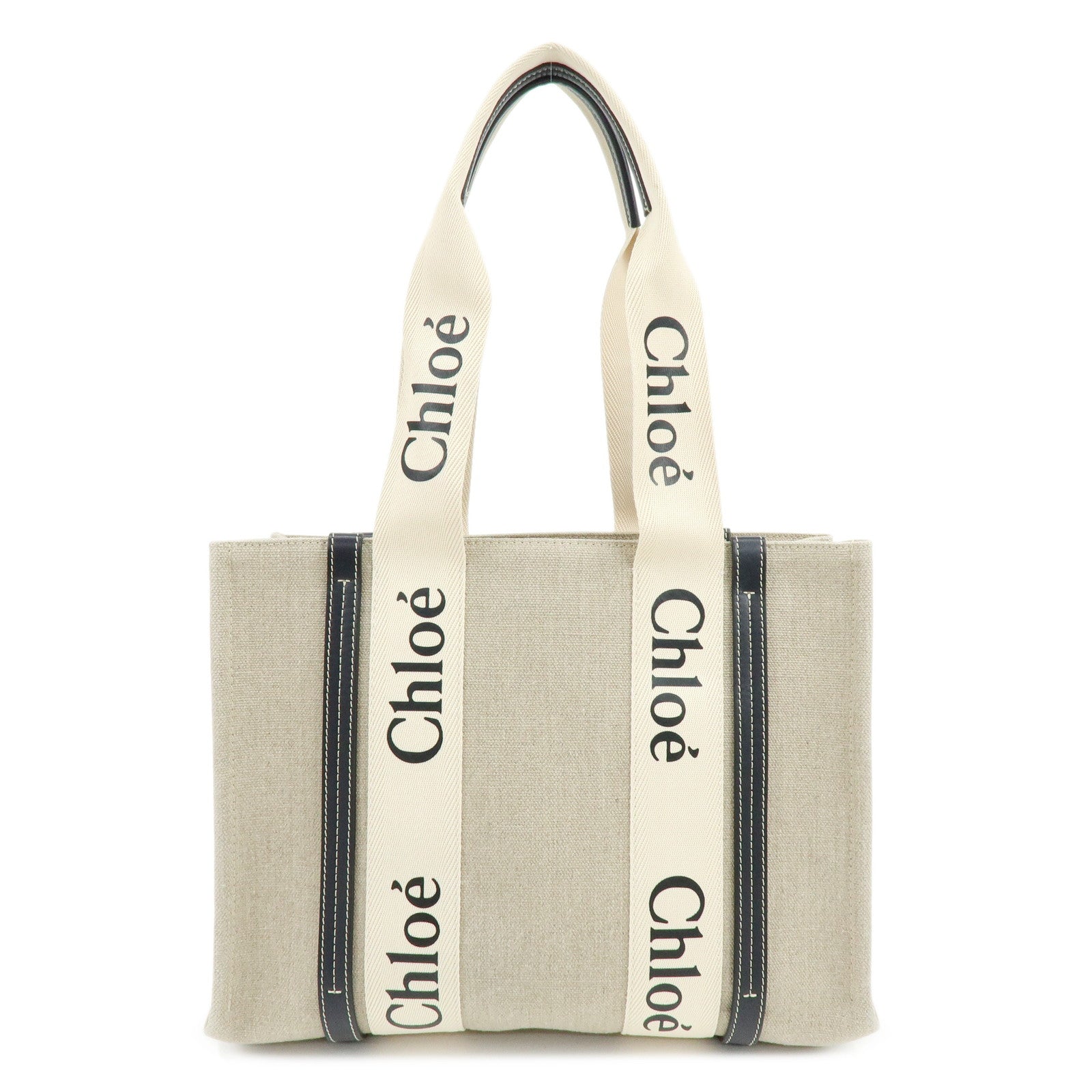 Chloe Woody Medium Canvas Leather Tote Bag Natural Navy