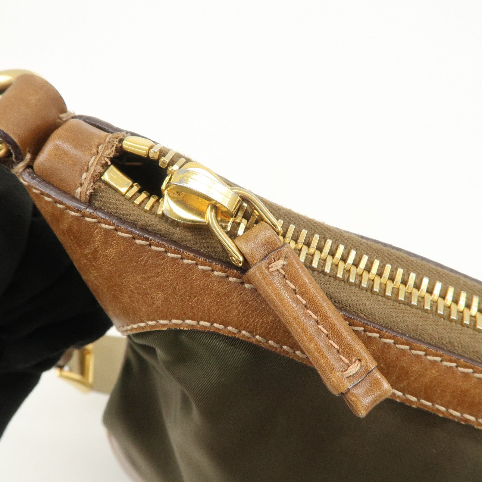 PRADA Triangle Logo Nylon Leather Crossbody Shoulder Bag Khaki