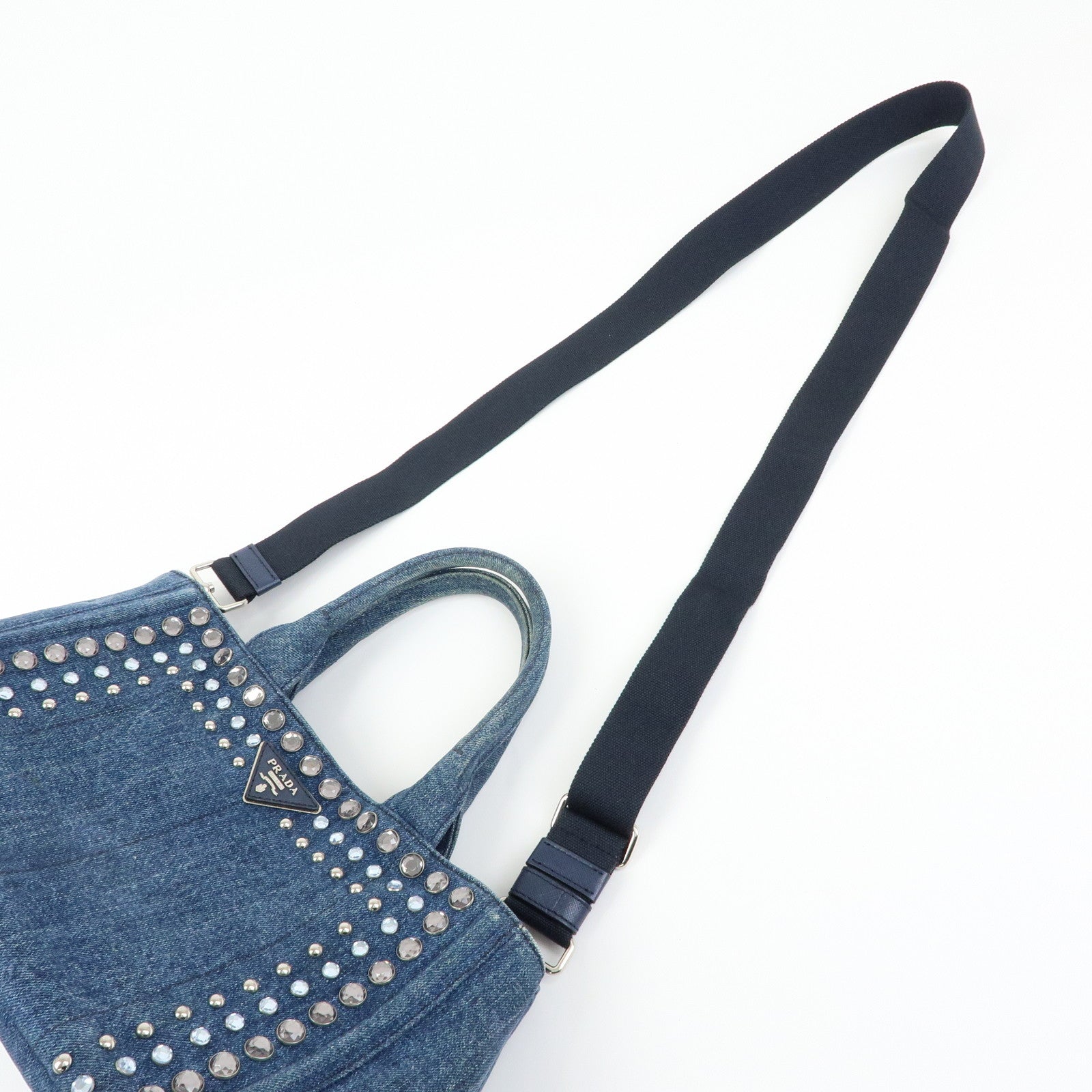 PRADA Canapa Triangle Logo Denim 2Way Bag Hand Bag Blue 1BG439