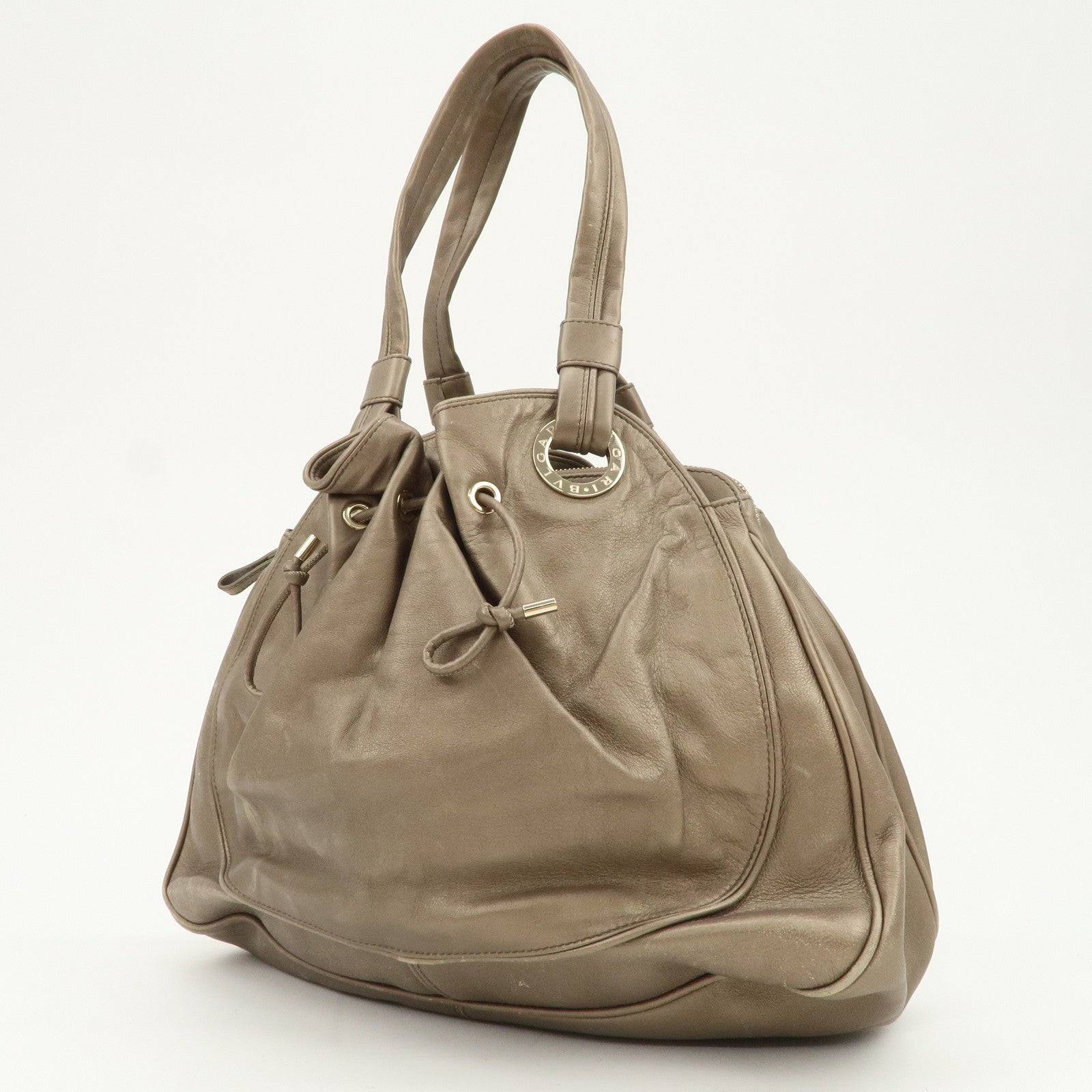 BVLGARI Logo Leather Hand Bag Shoulder Bag Bronze
