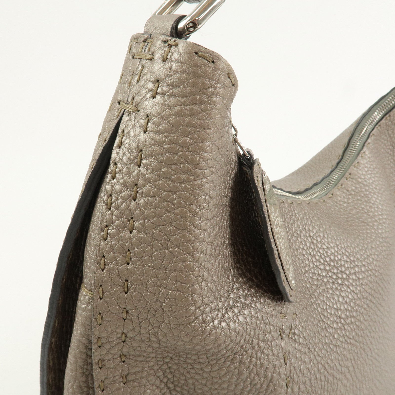 FENDI Selleria Leather Shoulder Bag Hand Bag Silver 8BR582