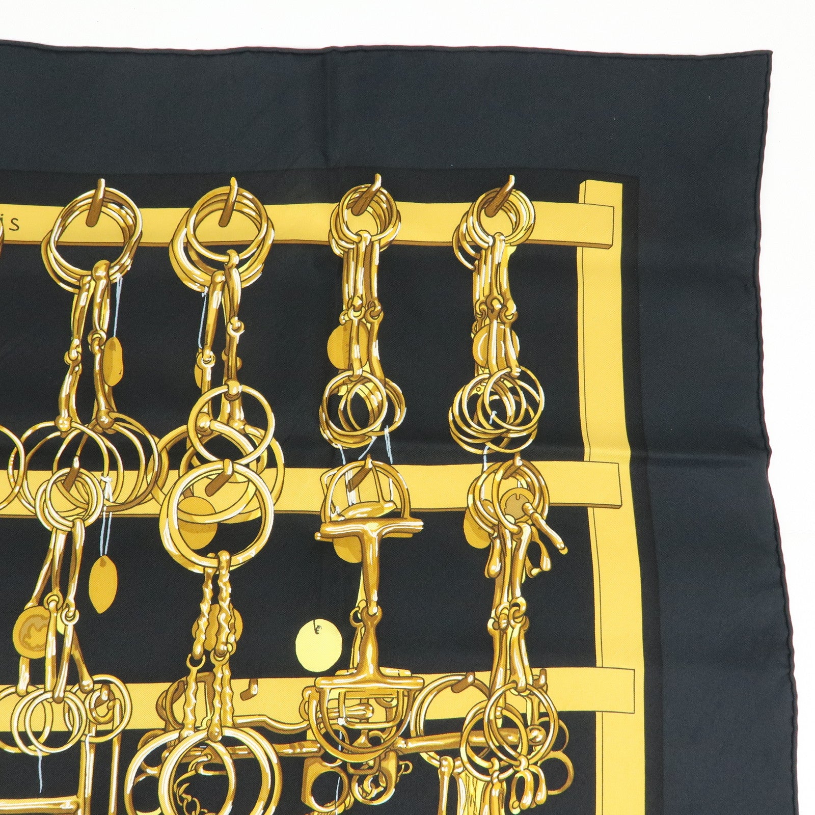HERMES Carre 90 Silk 100% Scarf MORS&FILETS Black Yellow