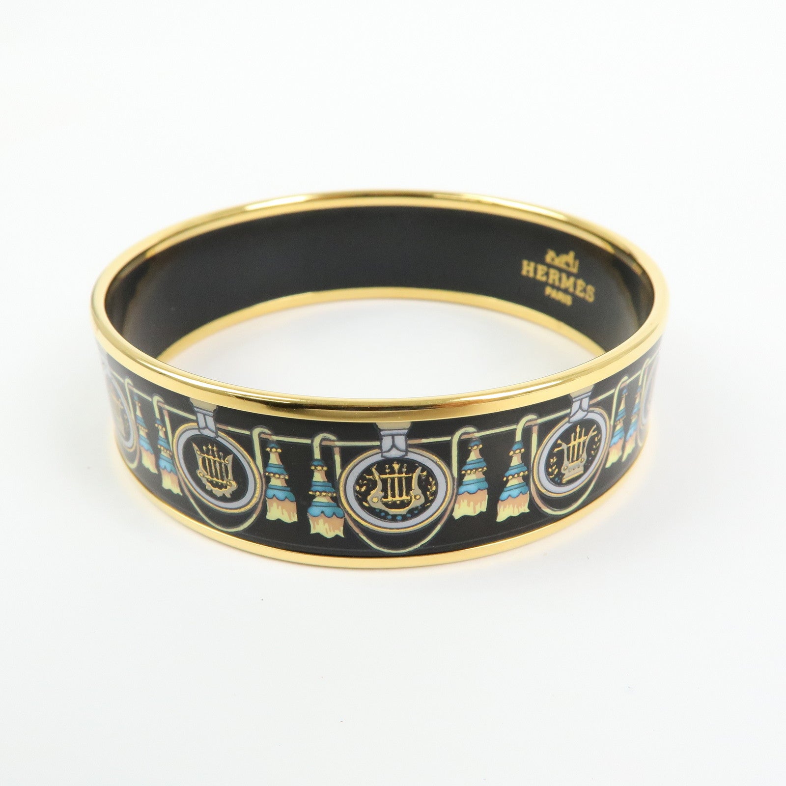 HERMES Email GM Gold Plated Bangle Bracelet Black Gold