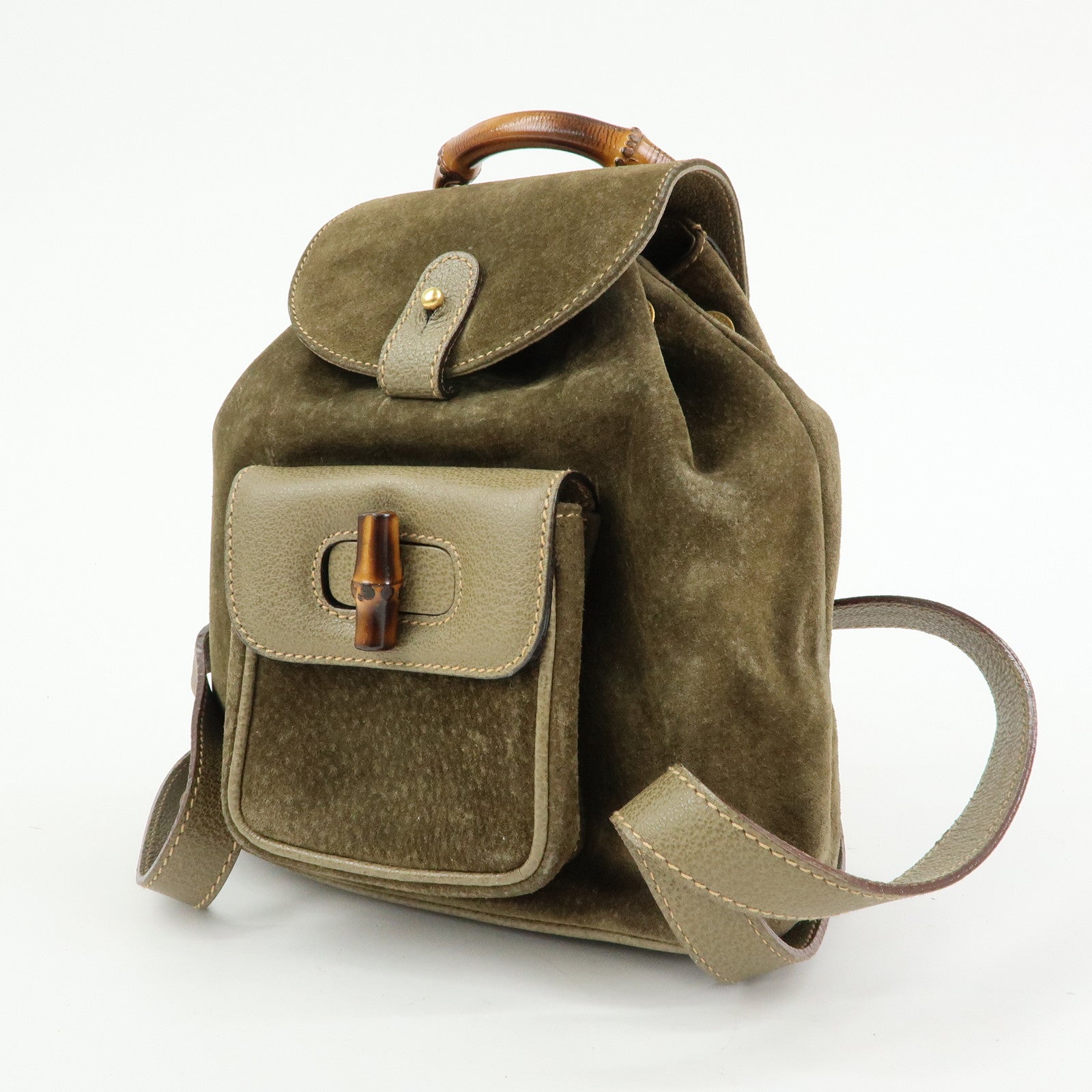 GUCCI Bamboo Suede Leather Backpack Rucksack Khaki 003・2058