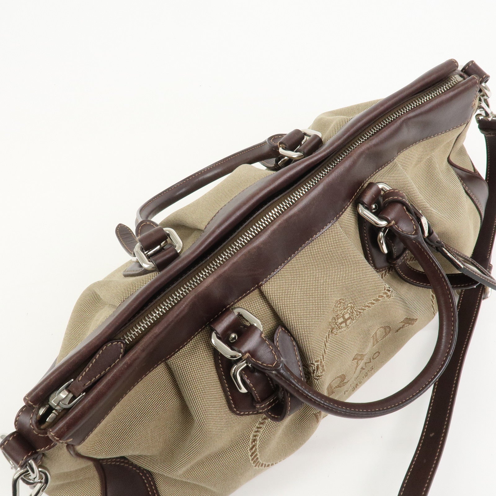 PRADA Logo Canvas Leather 2Way Bag Shoulder Bag Hand Bag Brown