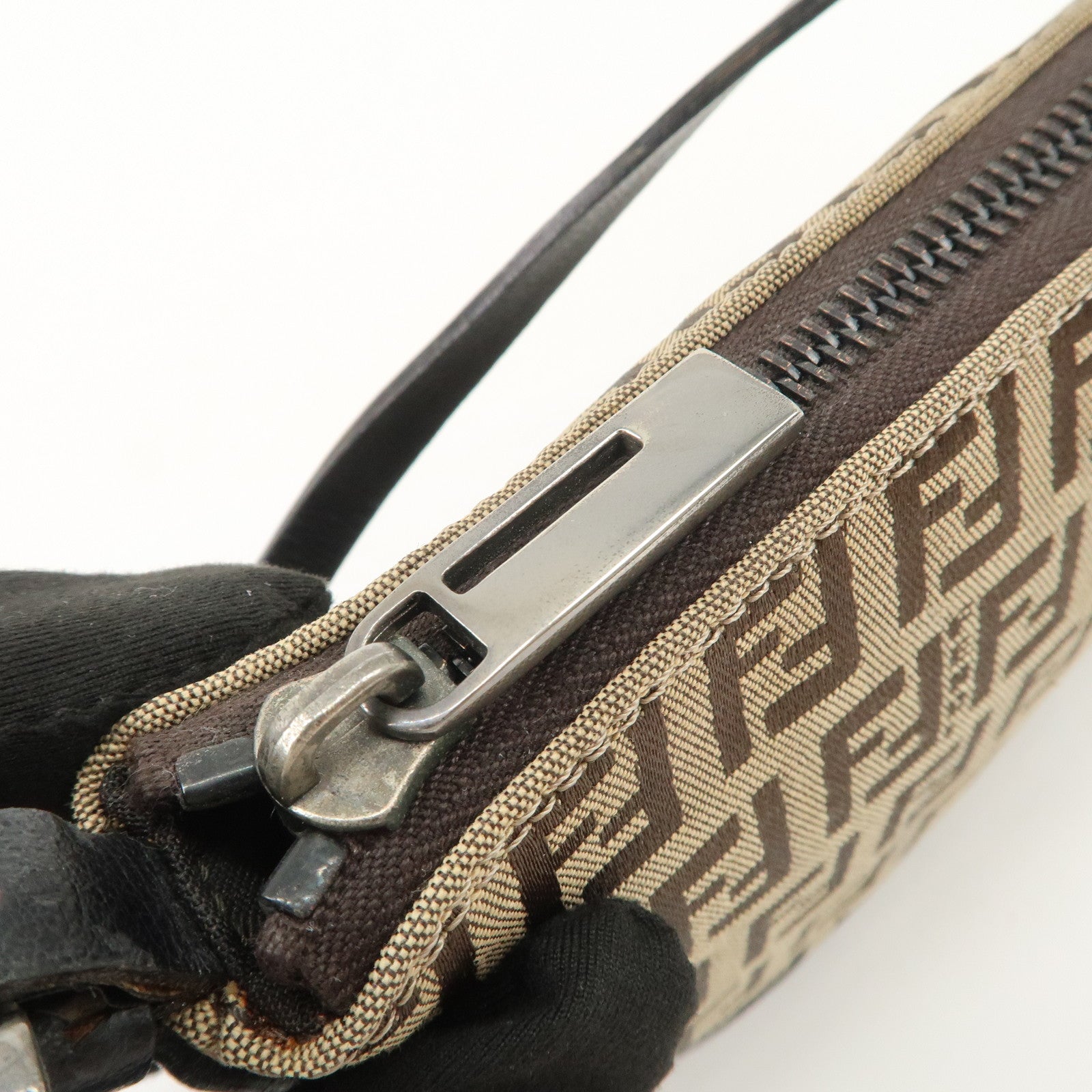 FENDI Zucchino Canvas Leather Shoulder Bag Brown Beige 8BR133 Used