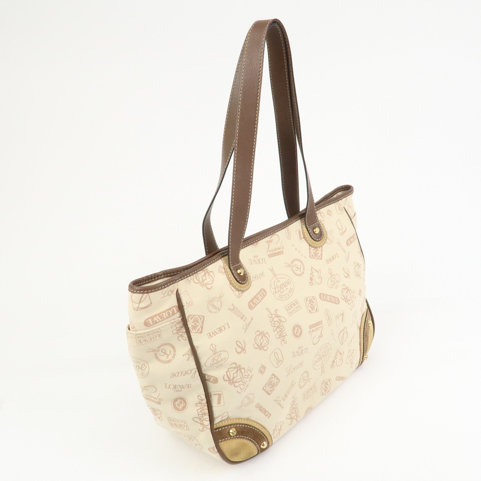 LOEWE Anagram Canvas Leather Suede Tote Bag Shoulder Bag Ivory