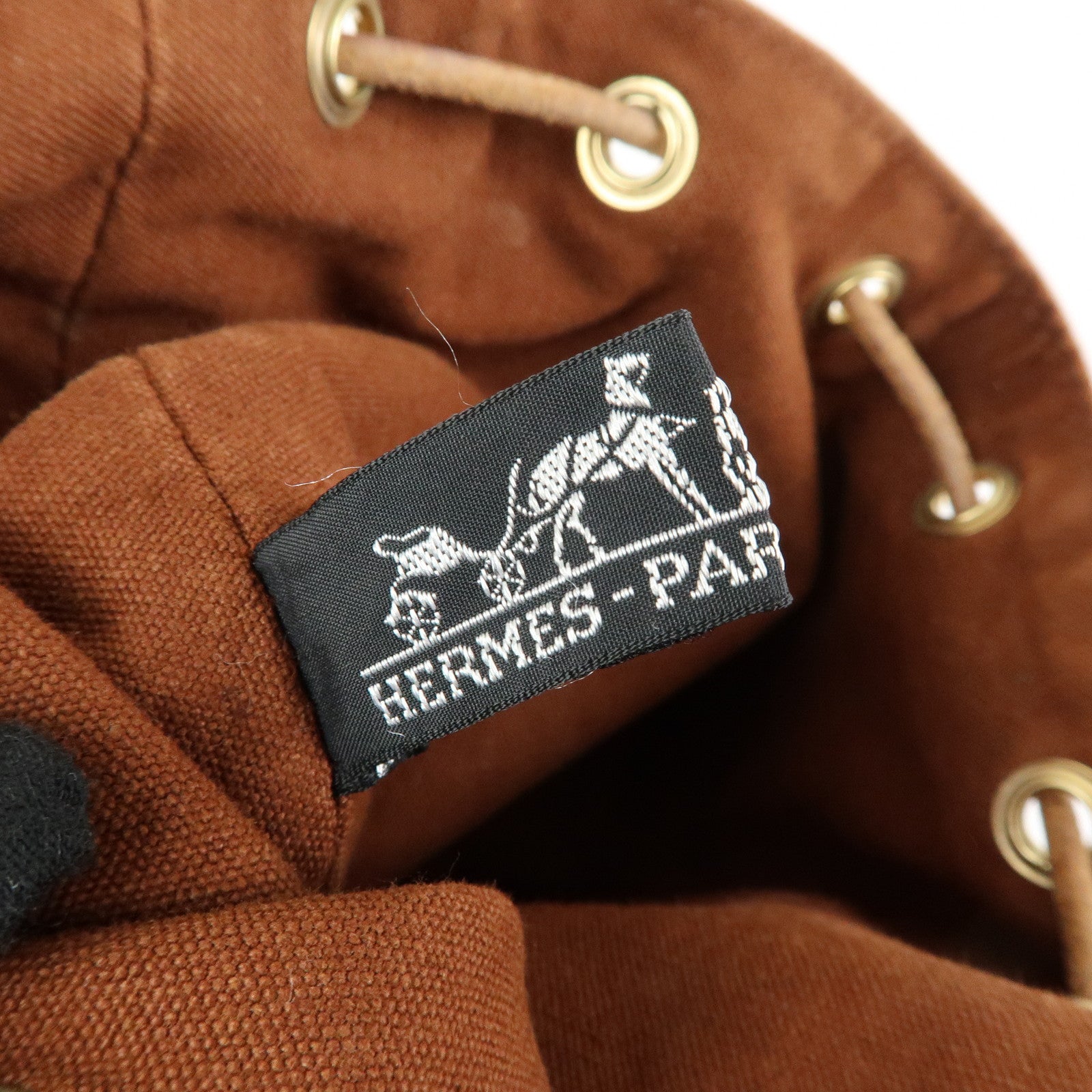 HERMES Porochon Mimil PM Canvas Leather Drawstring Backpack Brown