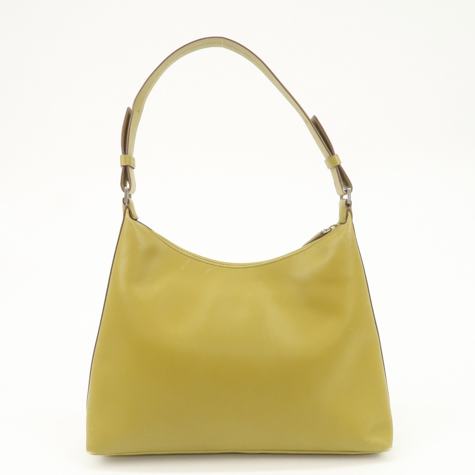PRADA Leather Shoulder Bag Mustard Silver Hardware Used