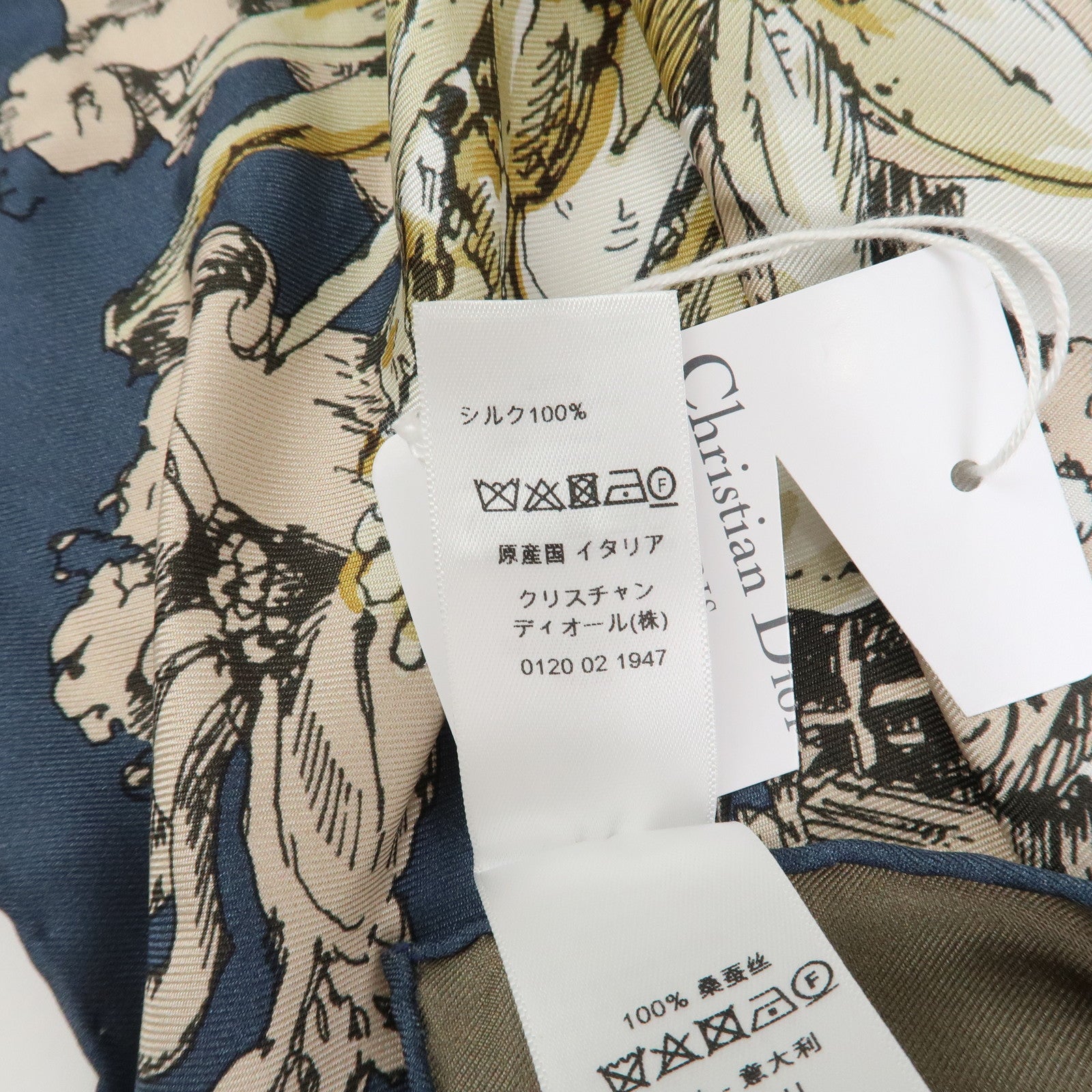 Christian Dior Logo Silk 100% Lion Flowers Scarf White Navy