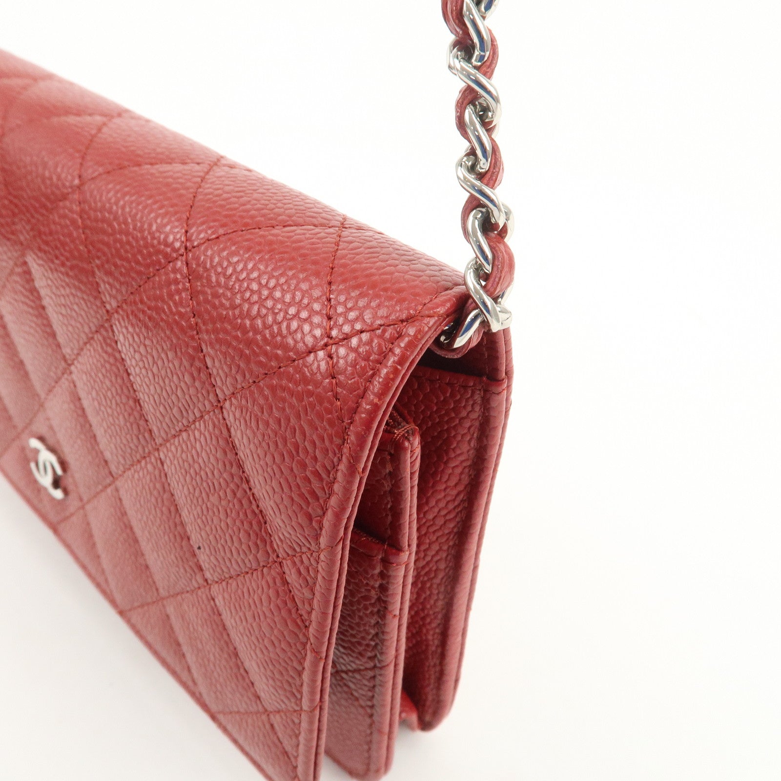CHANEL Matelasse COCO Mark Caviarskin Chain Wallet Red A33814