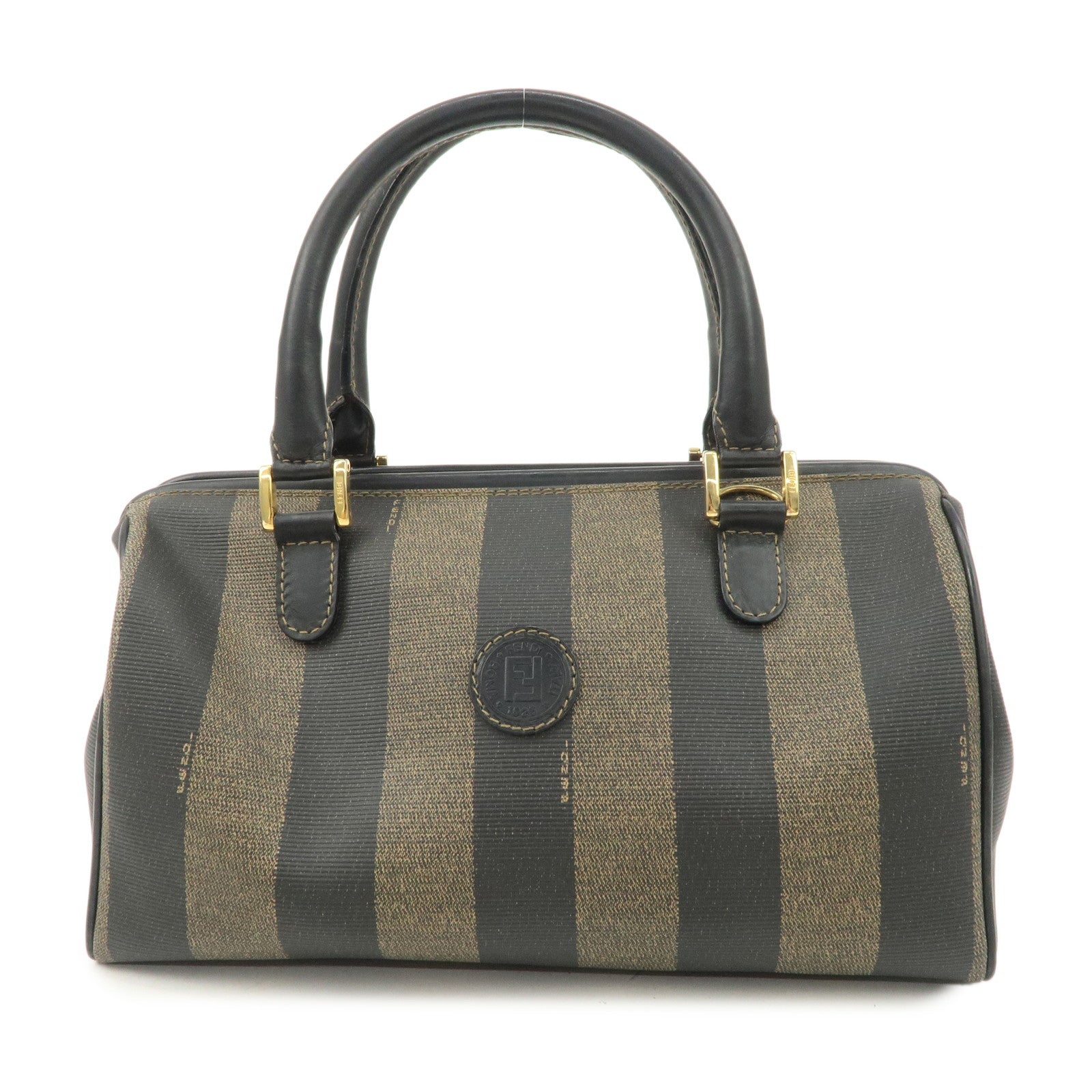 FENDI Pequin PVC Canvas Hand Bag Boston Bag Black Brown Used