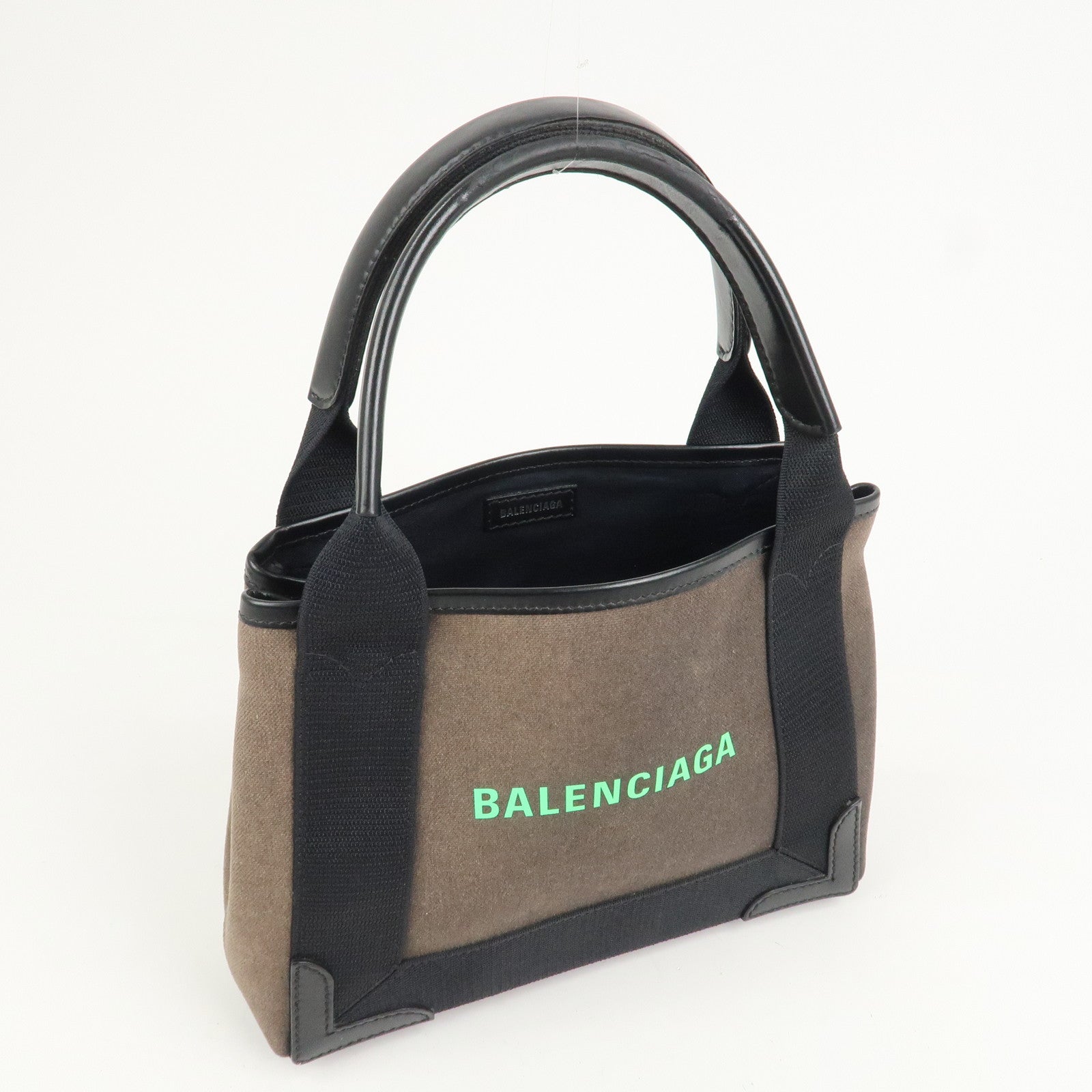 BALENCIAGA Canvas Leather Navy Cabas XS Hand Bag Brown 390346