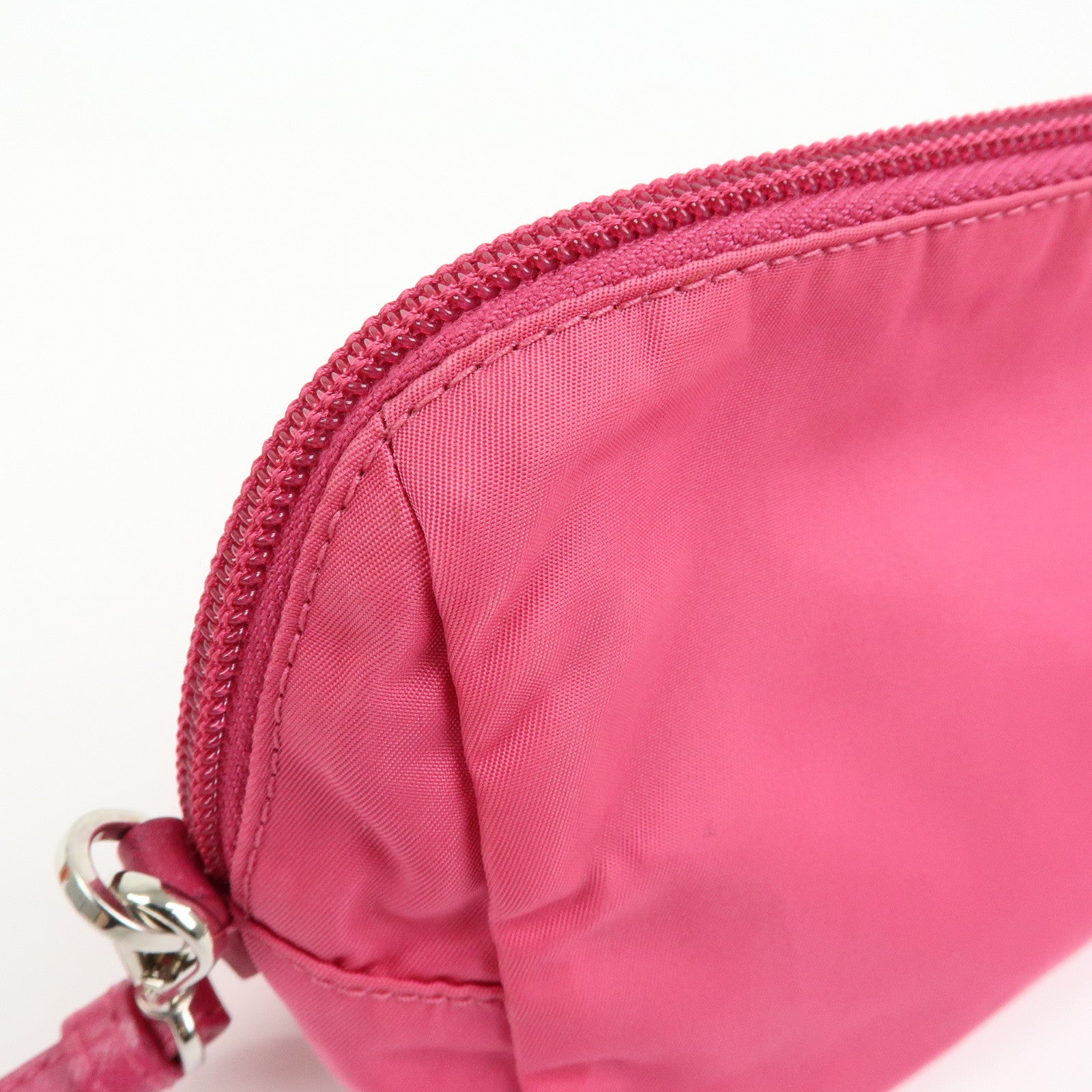 PRADA Triangle Logo Nylon Leather Cosmetic Wristlet Pouch Pink
