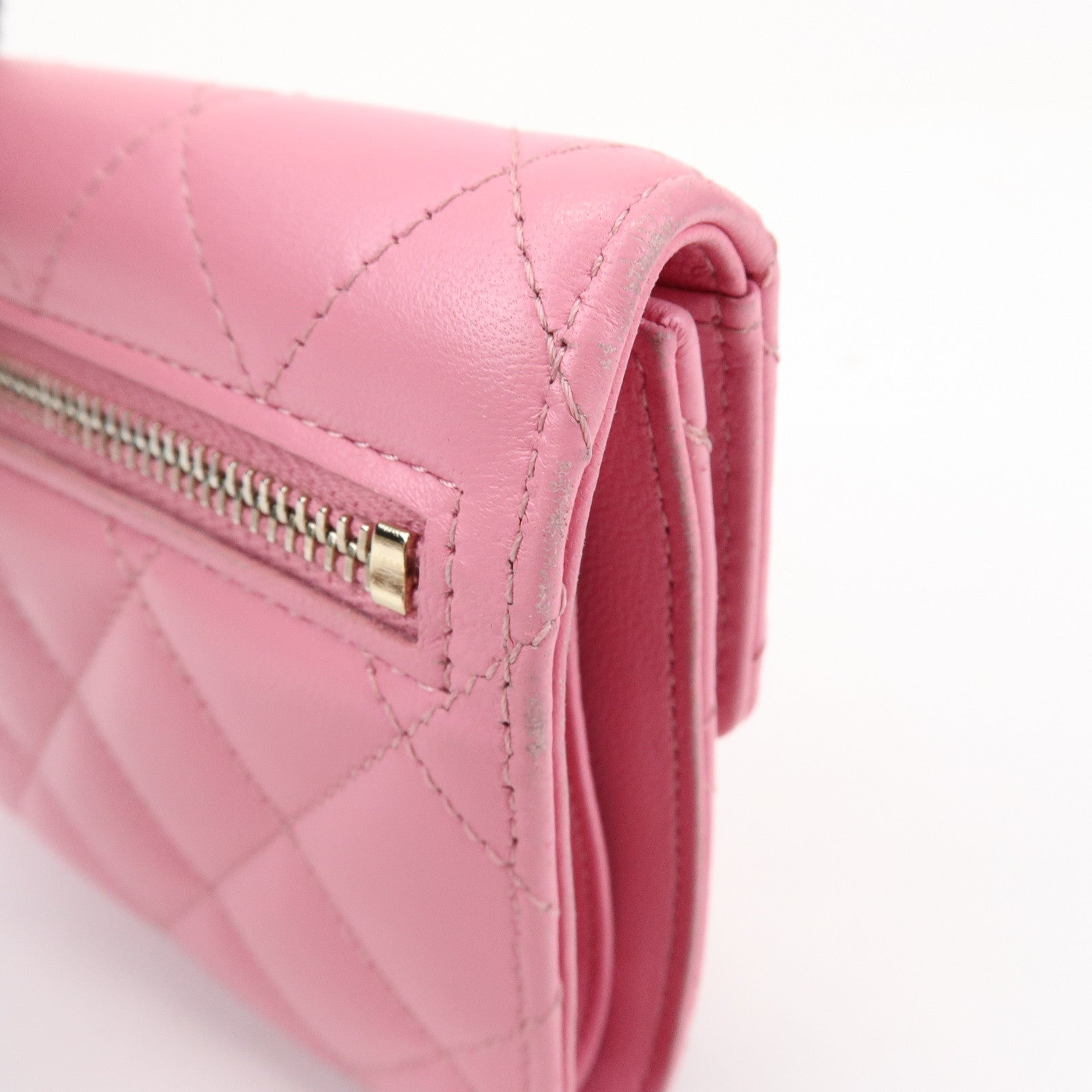 CHANEL Matelasse Lamb Skin Small Tri-Fold Wallet Pink AP0231