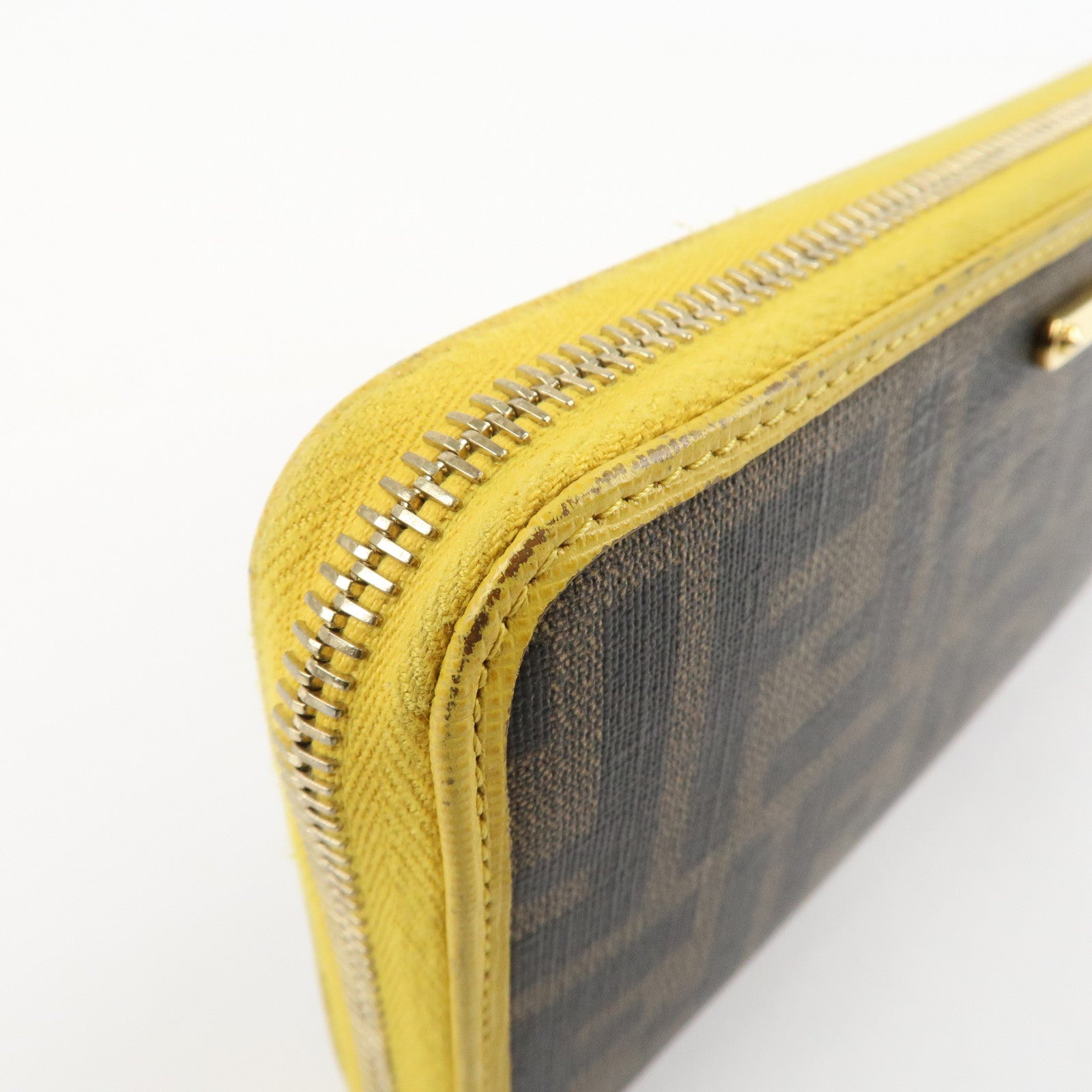 FENDI Zucca PVC Leather Round Zippy Long Wallet Brown Yellow 8M0299 Used
