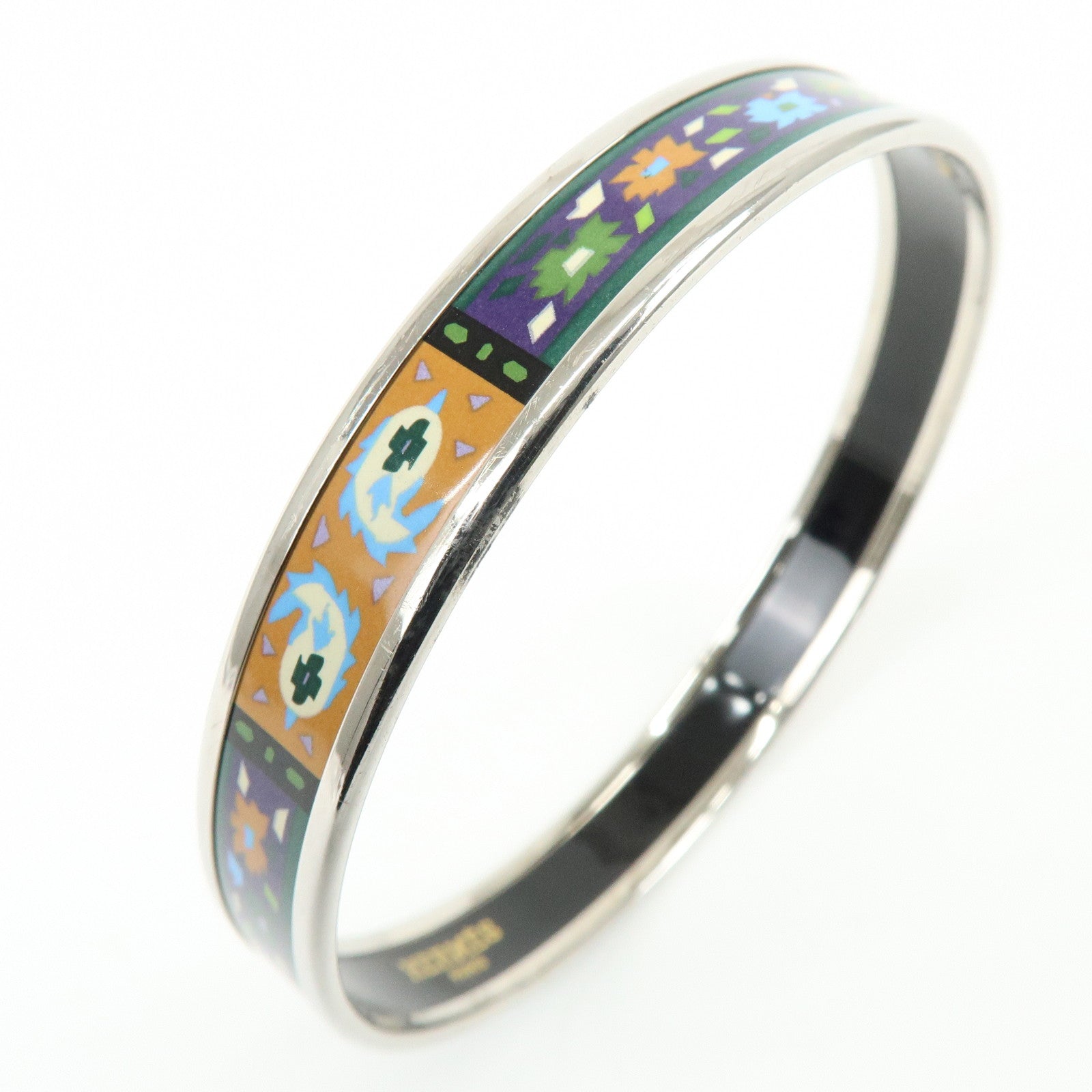 HERMES Email PM Silver Plated Bracelet Bangle Green Multicolor