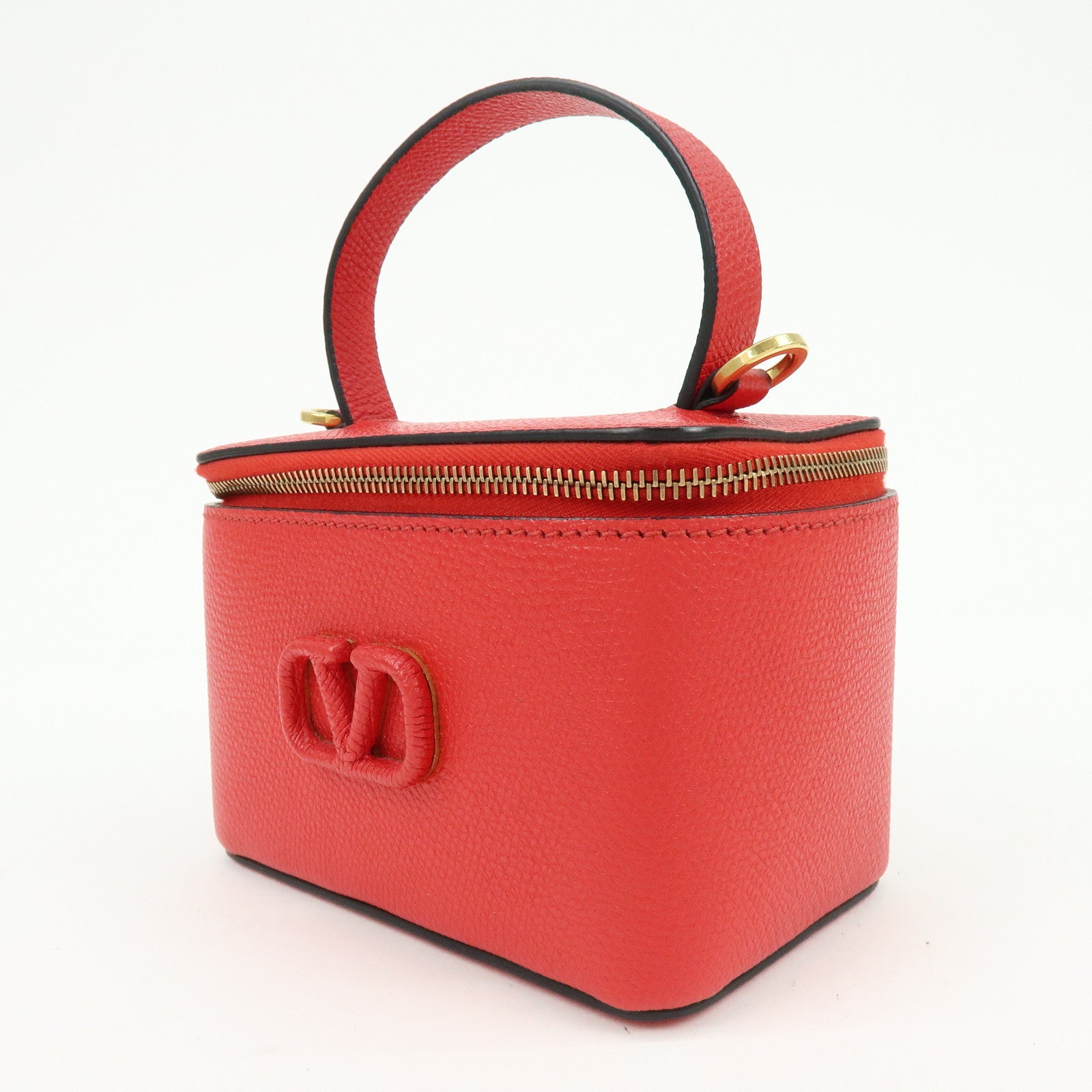 VALENTINO V Logo Leather 2Way Mini Hand Bag Chain Vanity Bag Red