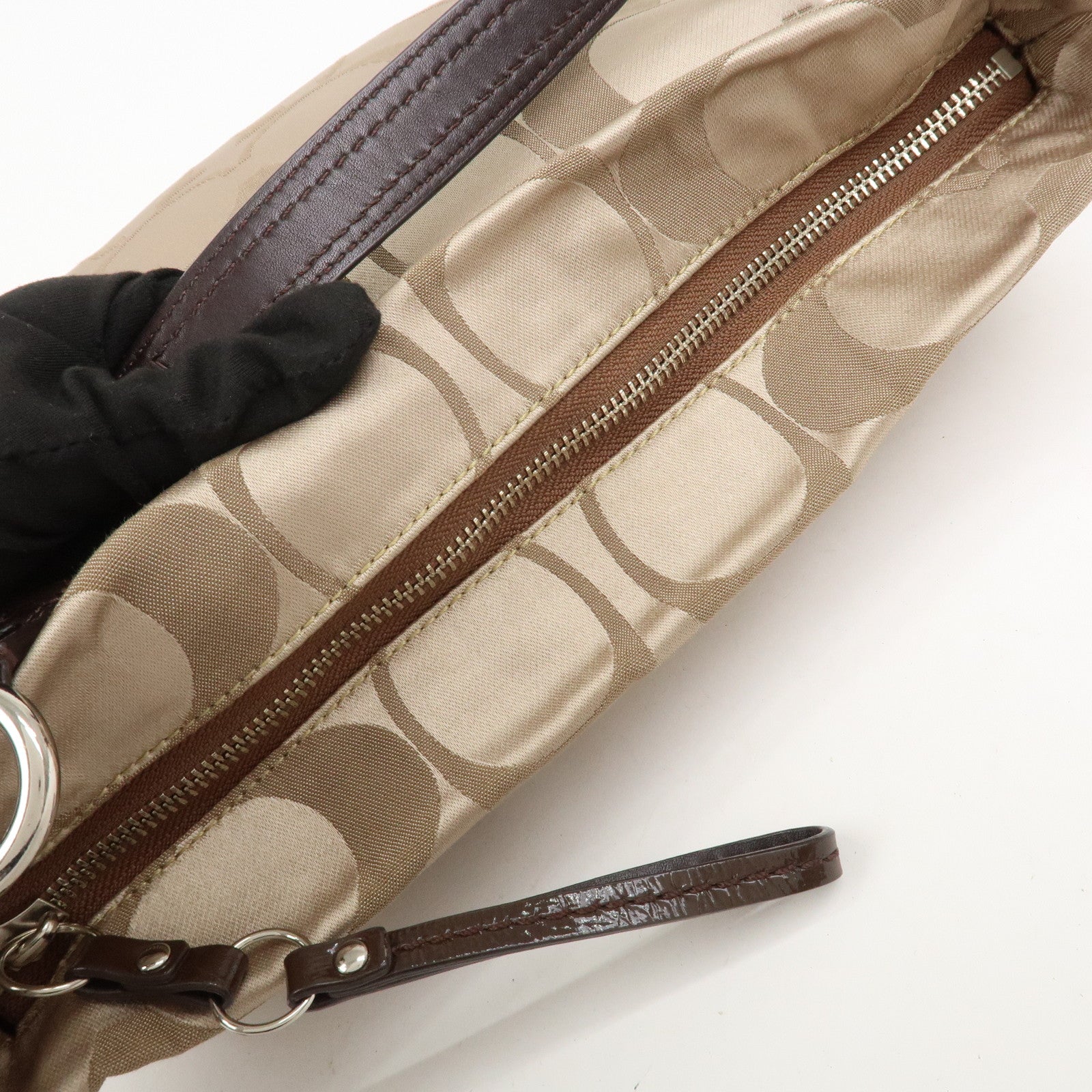 COACH Leather Satin Shoulder Bag Beige Brown F15250