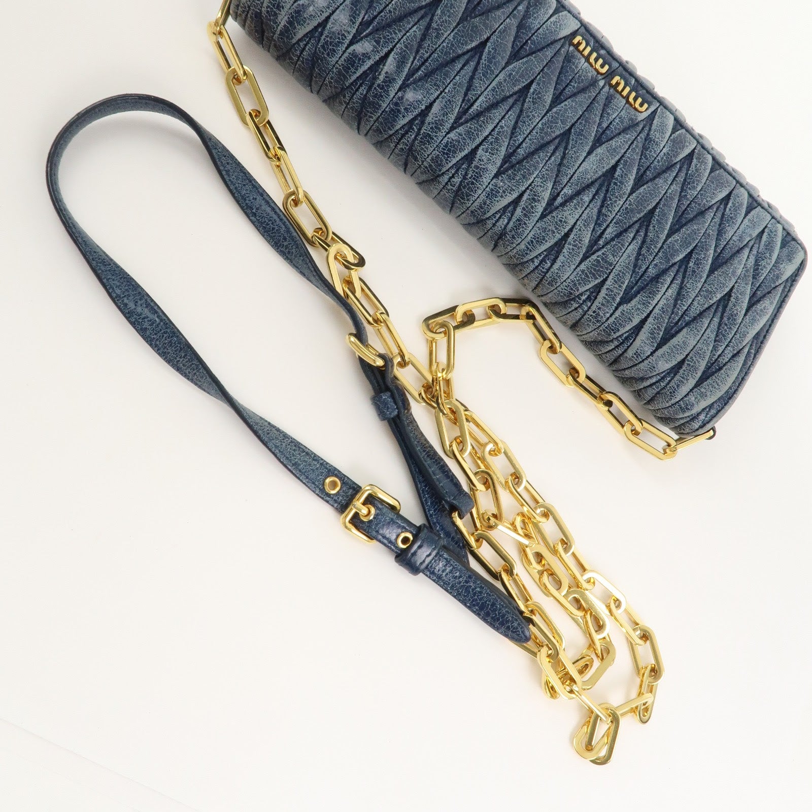 MIU MIU Matelasse Logo Leather Chain Shoulder Wallet Blue 5M1290
