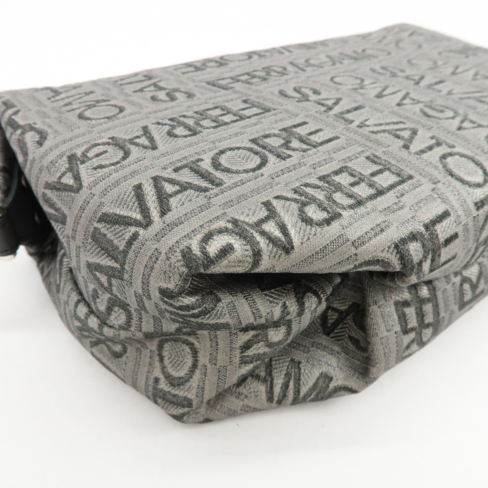 Ferragamo Gancini Logo Canvas Leather Hand Bag Pouch Silver Black