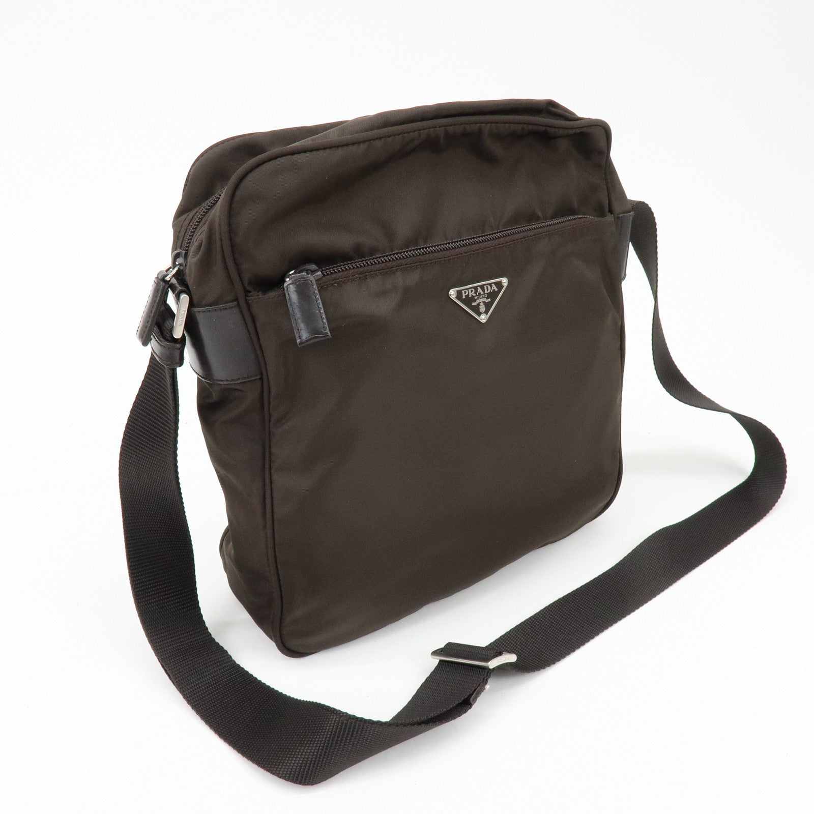 PRADA Triangle Logo Nylon Leather Shoulder Crossbody Bag Brown