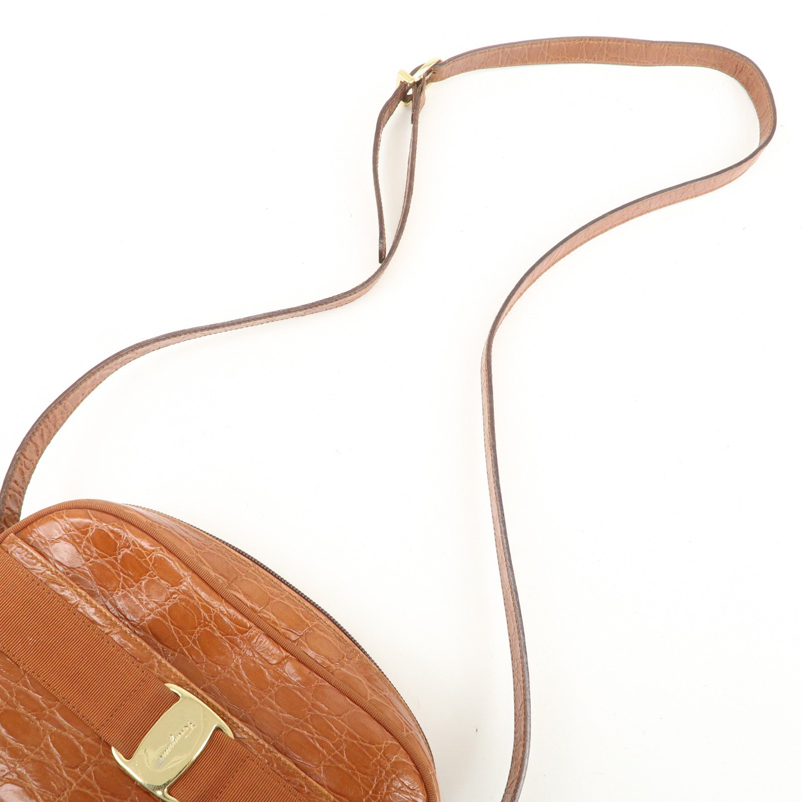 Ferragamo Vara Emboss Leather Shoulder Bag Crossbody Bag Brown
