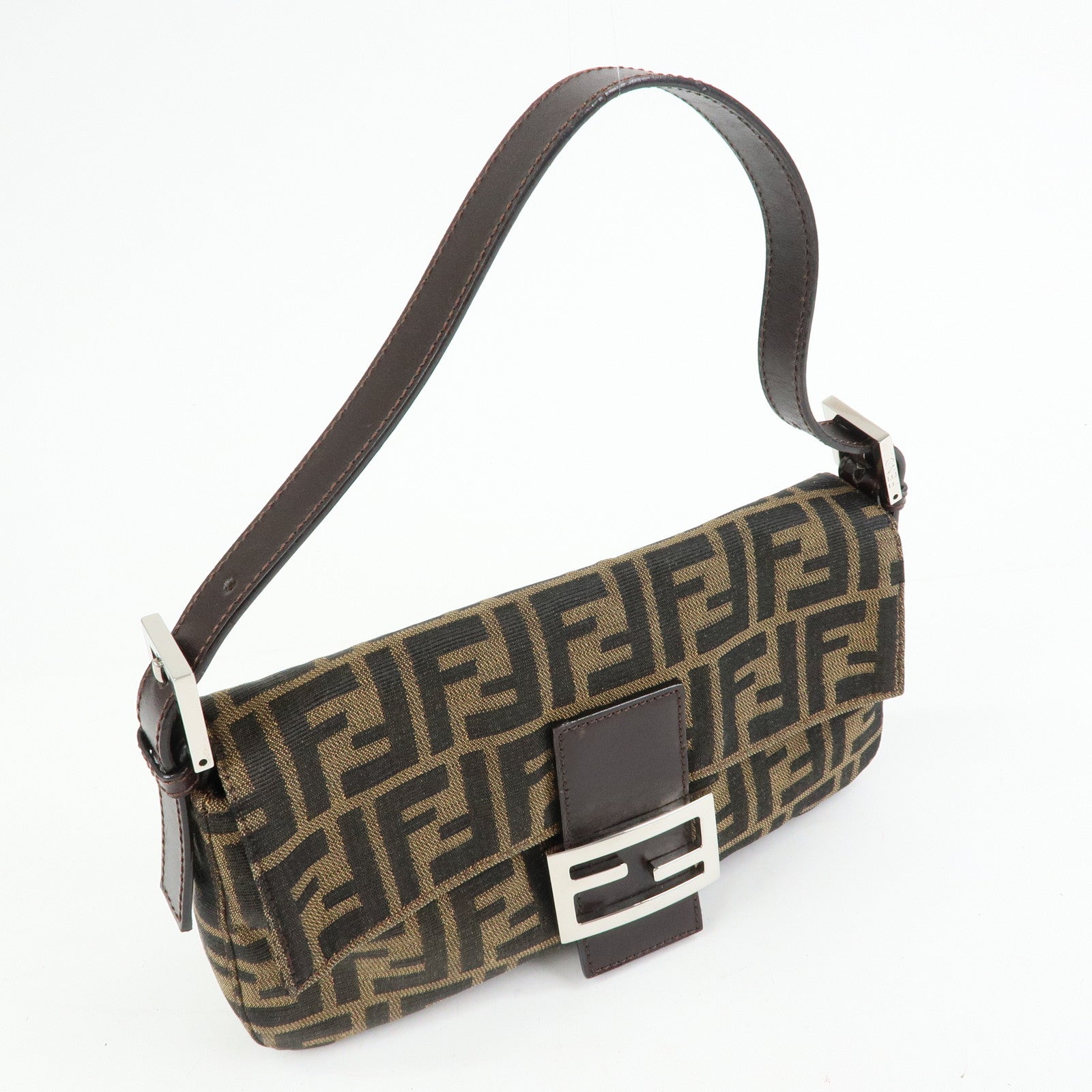 FENDI Mamma Baguette Zucca Canvas Leather Shoulder Bag Brown 26424