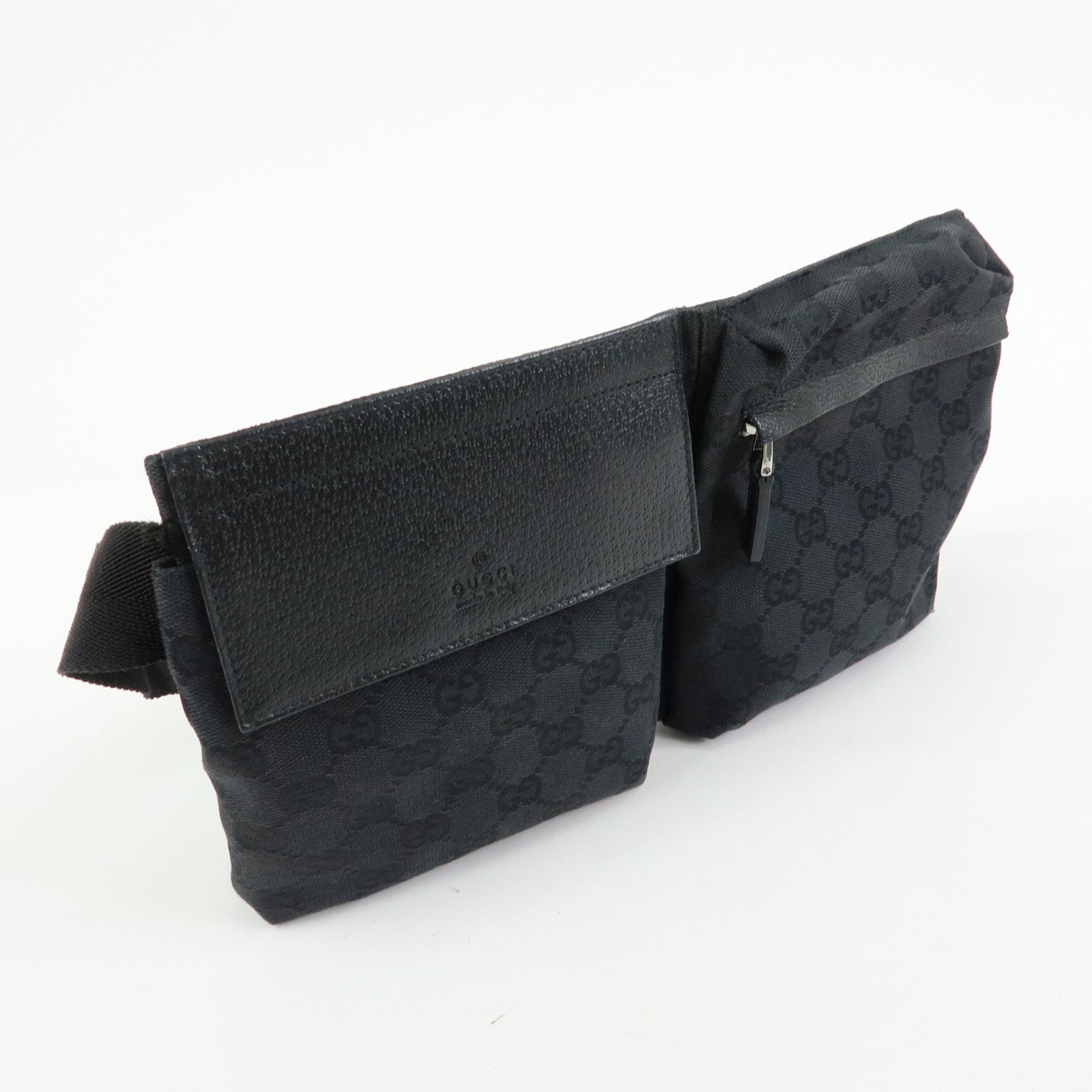 GUCCI GG Canvas Leather Waist Bag Crossbody Bag Black 28566